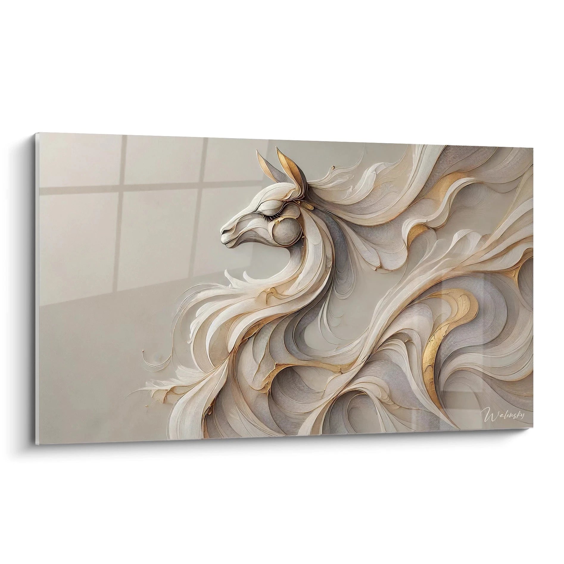 tableau lama aux lignes fluides et abstraites capture l essence du mouvement et de la liberté vue de biais cette oeuvre contemporaine illumine toute piece grace a ses tons beiges or et blanc