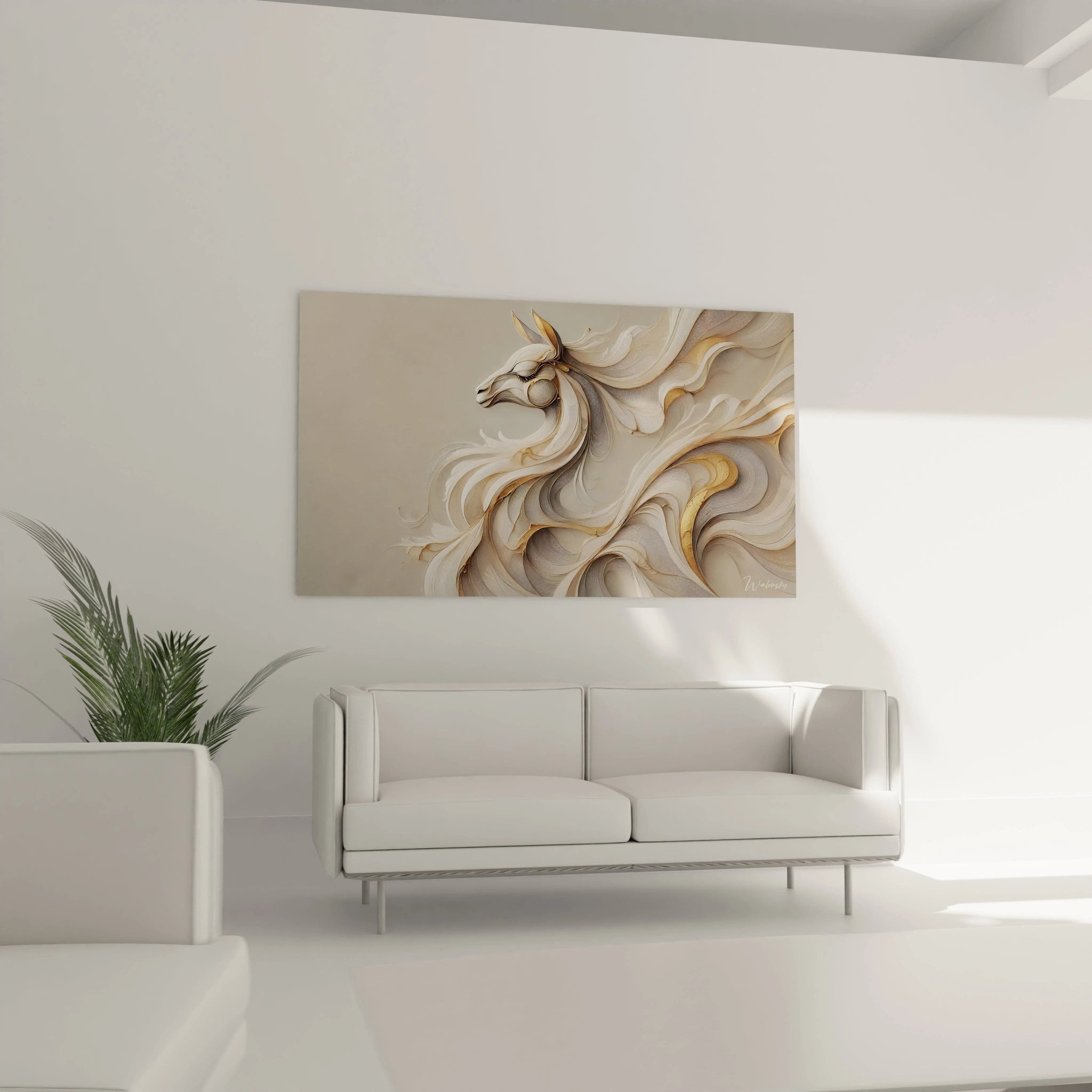 le tableau lama au dessus du canapé cree une ambiance chaleureuse et contemporaine avec ses couleurs douces de beige or et blanc il apporte une touche artistique a votre salon