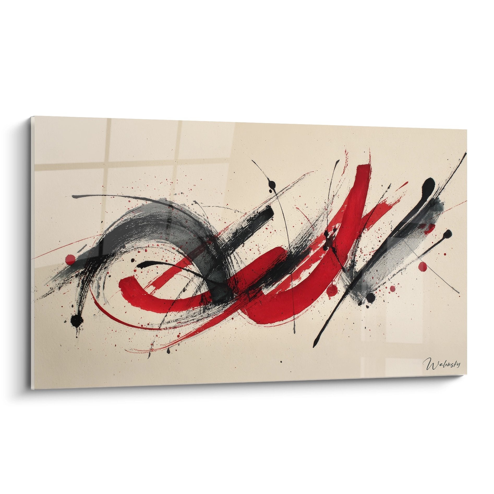 Tableau mouvement gestuel rouge et noir art abstrait contemporain décoration murale moderne Welensky