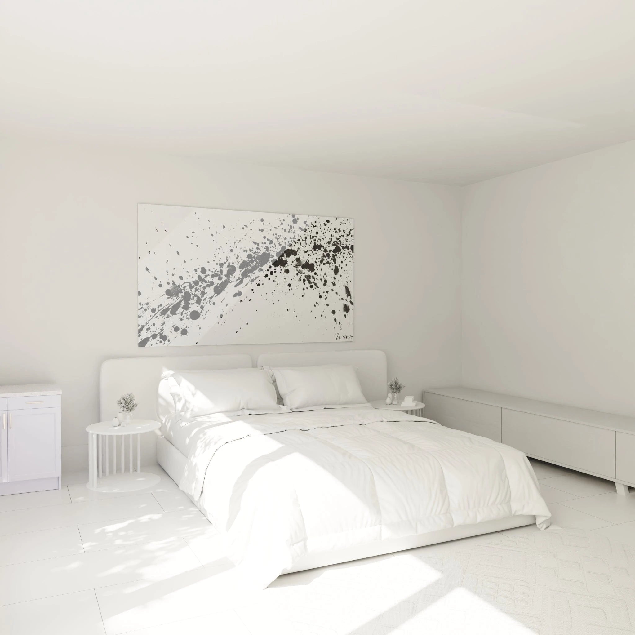 Tableau tacheté noir et blanc de Walensky, parfait pour décorer une chambre moderne lumineuse