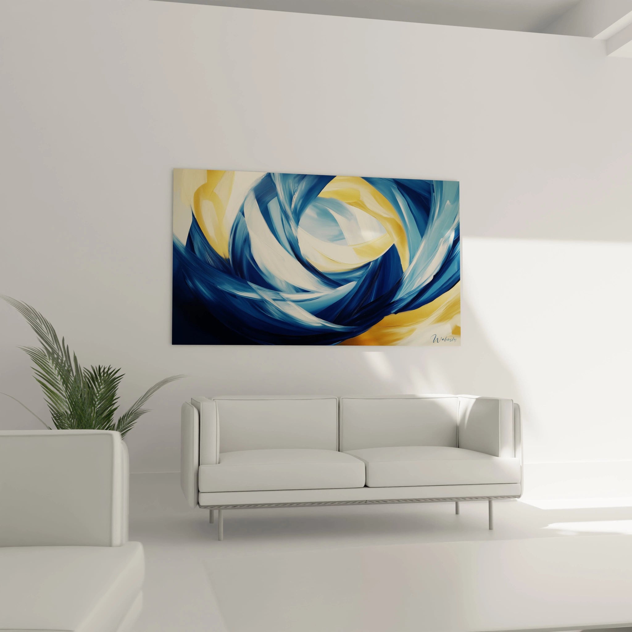 Un tableau abstrait spirale hypnotique où des vagues de bleu intense et de bleu ciel s'enroulent autour d'un centre lumineux aux teintes dorées, créant un mouvement circulaire puissant souligné par des coups de pinceau visibles et des effets de transparence.
