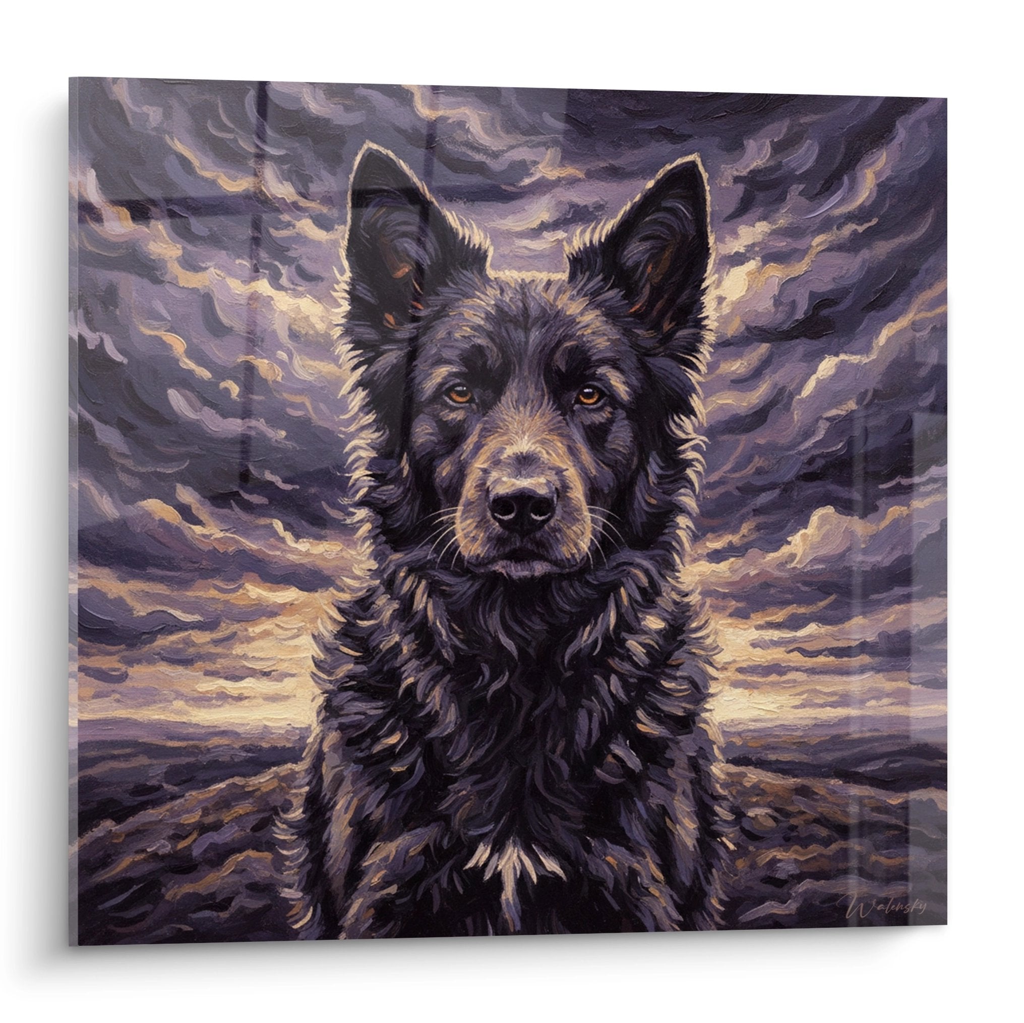 Portrait artistique d'un Mudi noir aux yeux ambrés sur fond de ciel violet dramatique avec nuages dorés