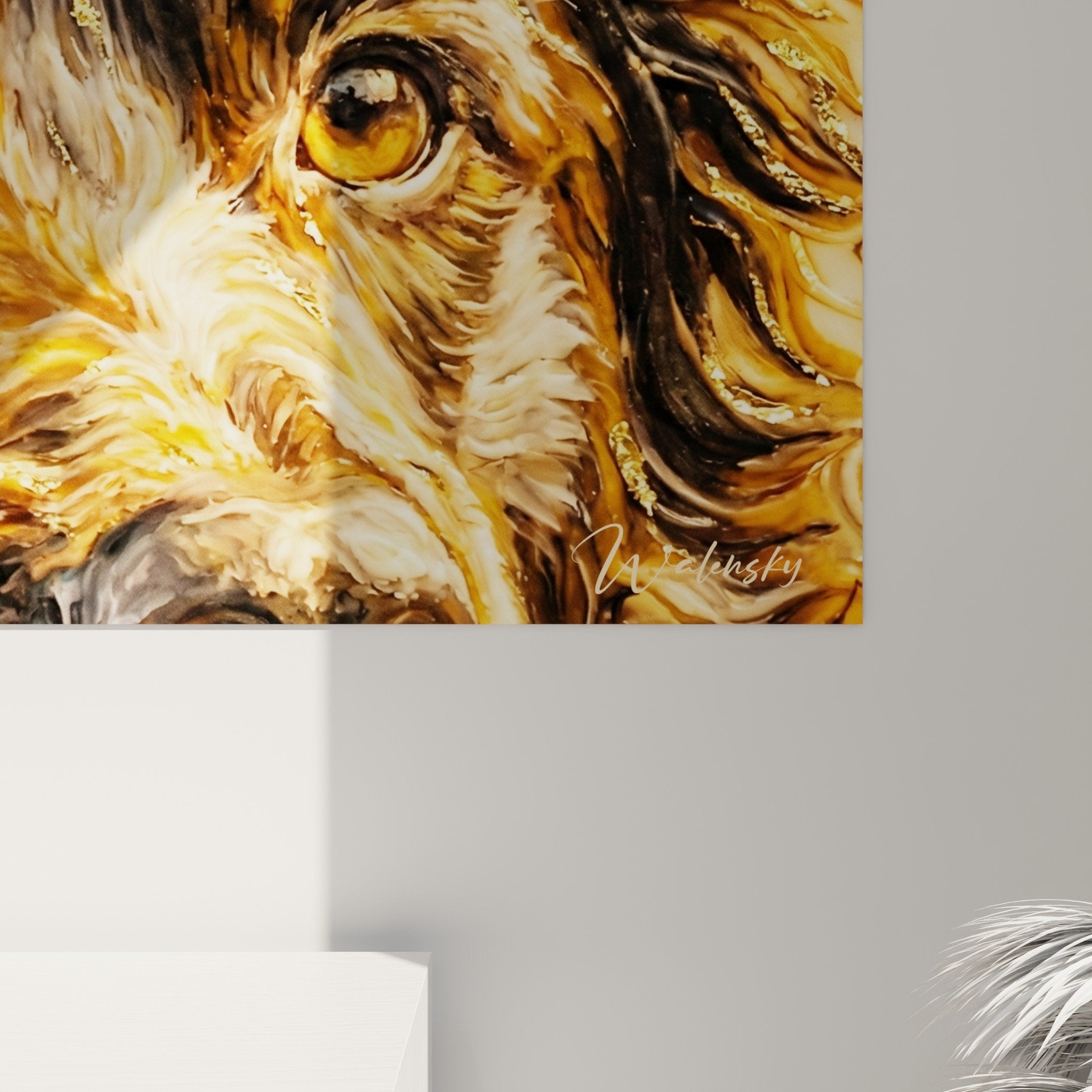 Vue d'ensemble tableau Mudi tons ocre dorés, format horizontal, portrait chien race hongroise, art mural