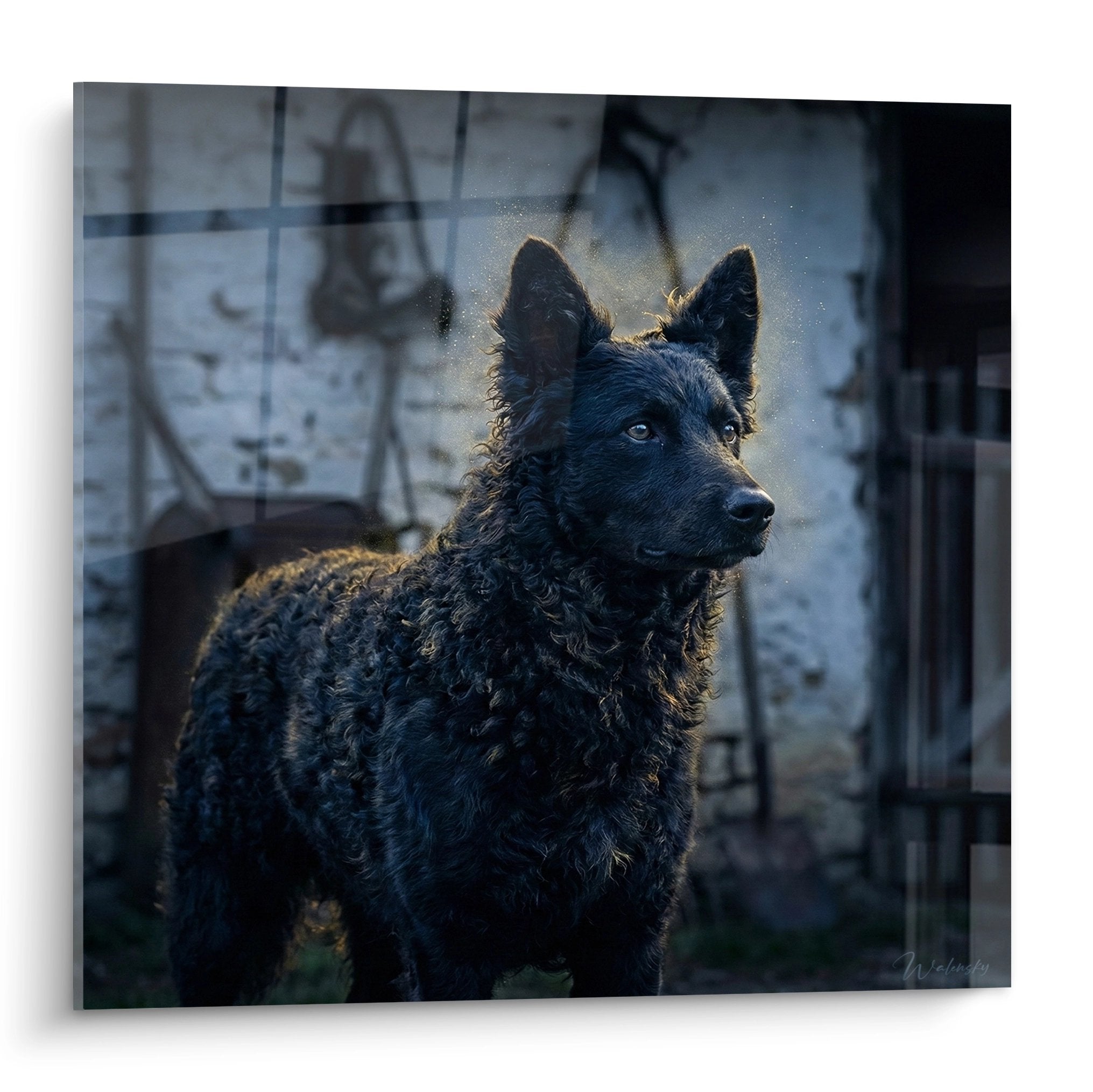 Portrait artistique Mudi pelage noir humide regard intense fond gris-bleu atmosphérique tableau mural décoratif