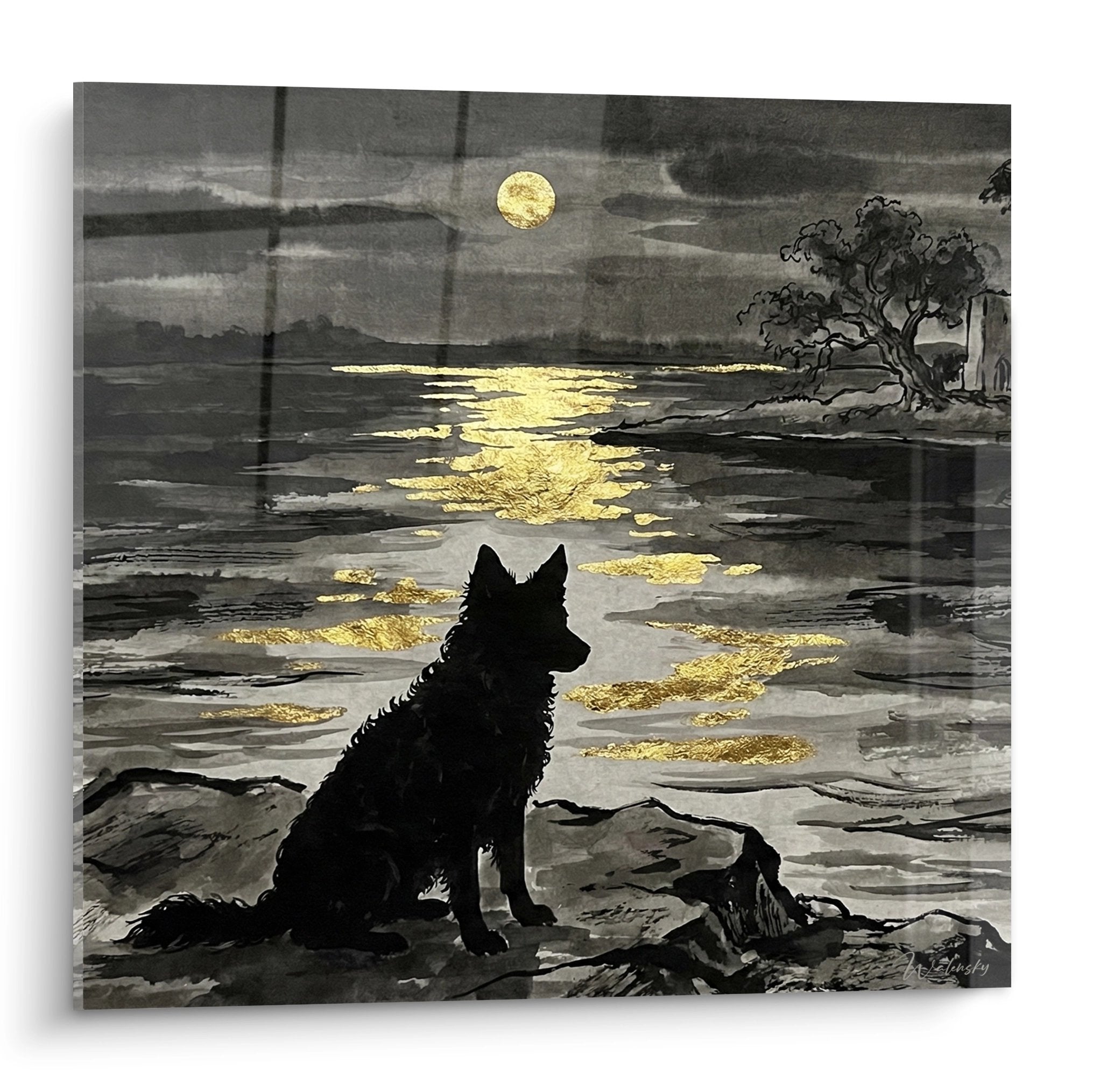 Tableau mural Mudi silhouette noire contemplant lac reflets dores lune nocturne art moderne decoration