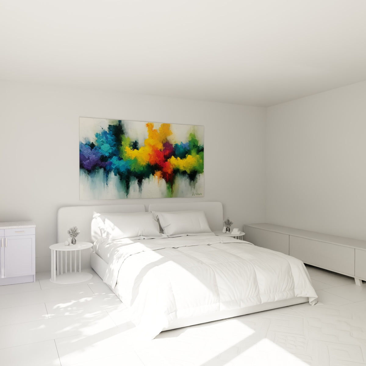 Bouquet chromatique orange et bleu turquoise du Multicolore abstrait, au-dessus d'un lit dans une chambre claire