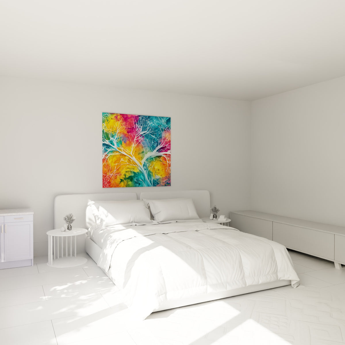 Ramifications blanches sur fond orange et bleu, tableau Multicolore abstrait au-dessus d'un lit dans une chambre claire