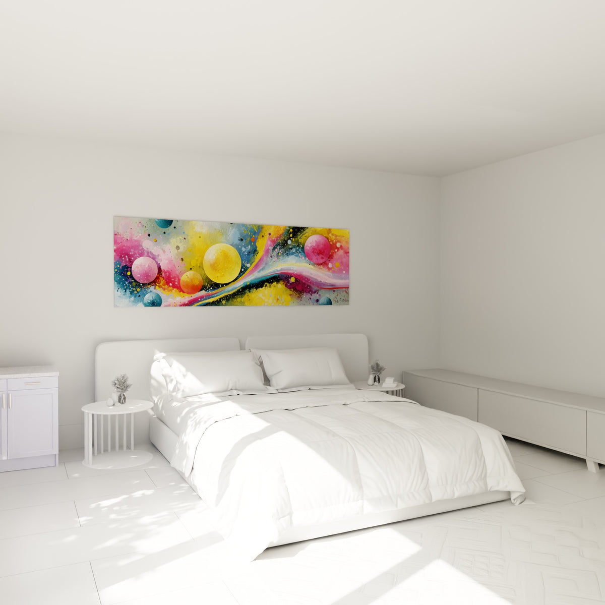 Bulles jaunes et roses en tourbillon coloré, tableau Multicolore abstrait au-dessus d'un lit dans une chambre claire