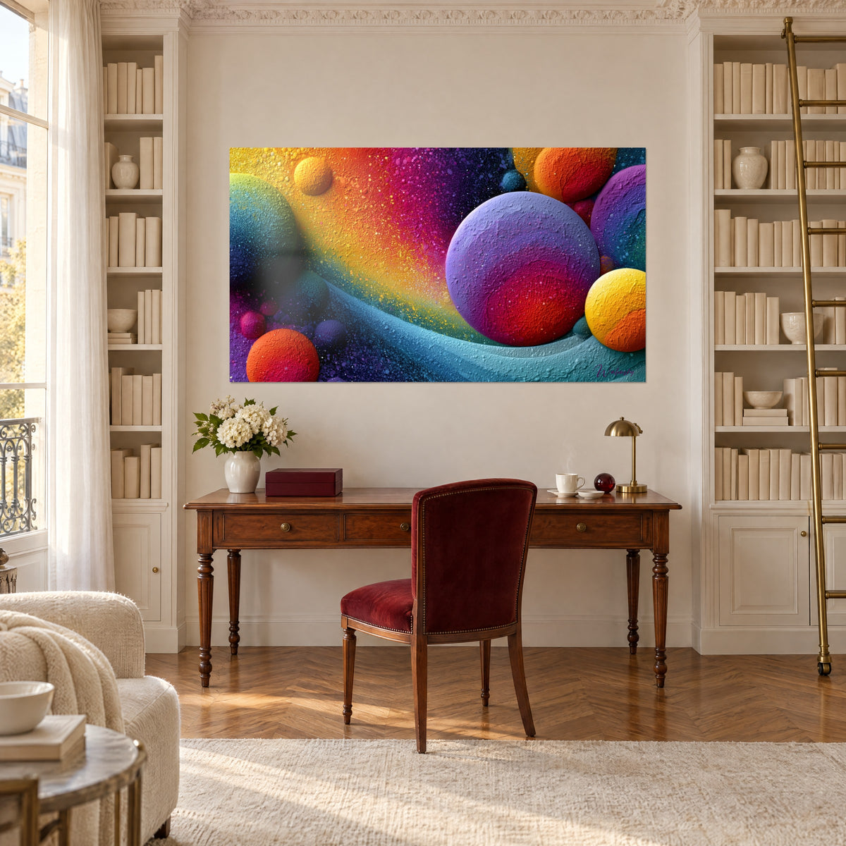Tableau cosmos abstrait aux orbes rouges et jaunes sur écume turquoise, bureau en bois, bibliothèque et échelle