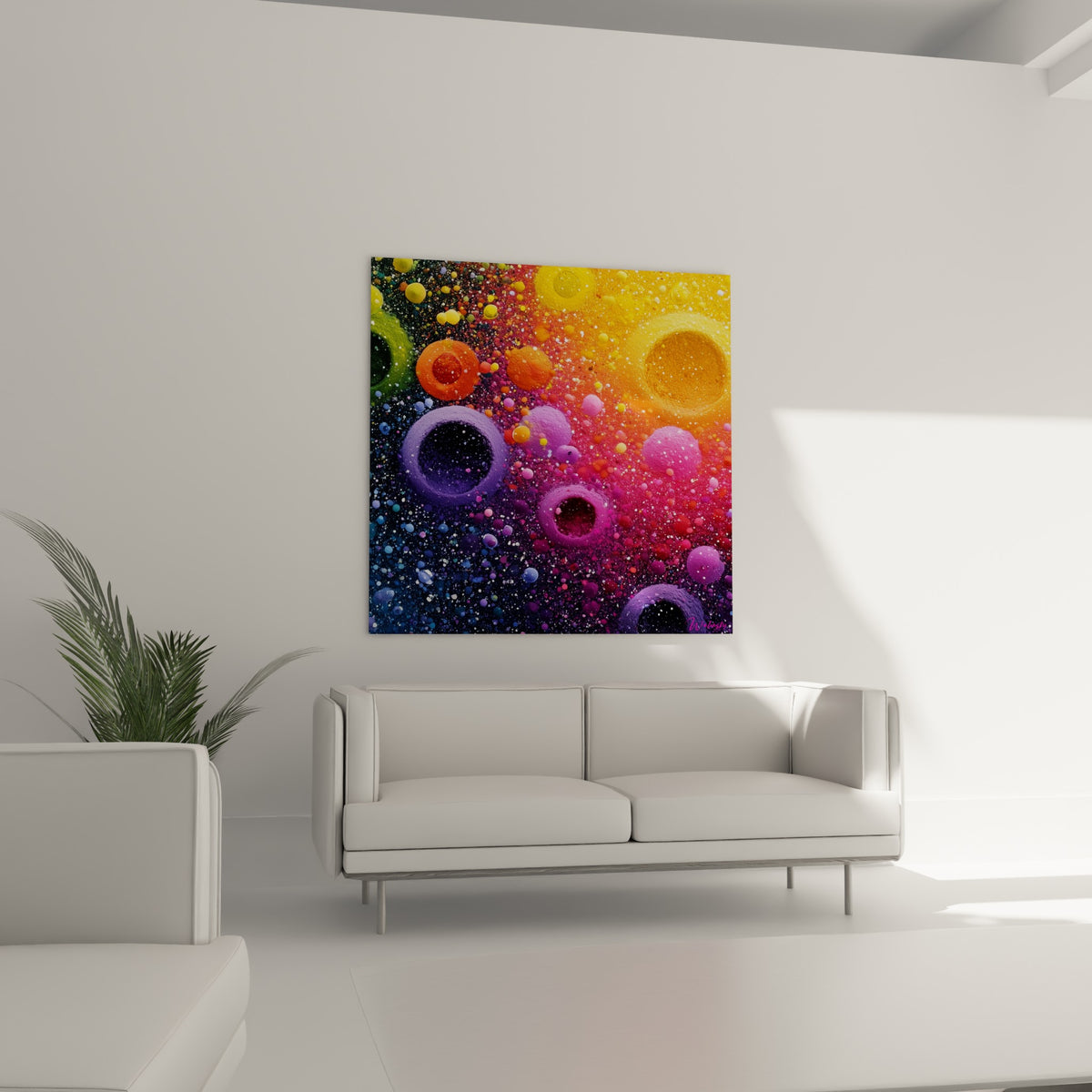 Cercles bleu nuit et jaune éclatant du tableau Multicolore abstrait au-dessus d'un canapé dans un salon lumineux