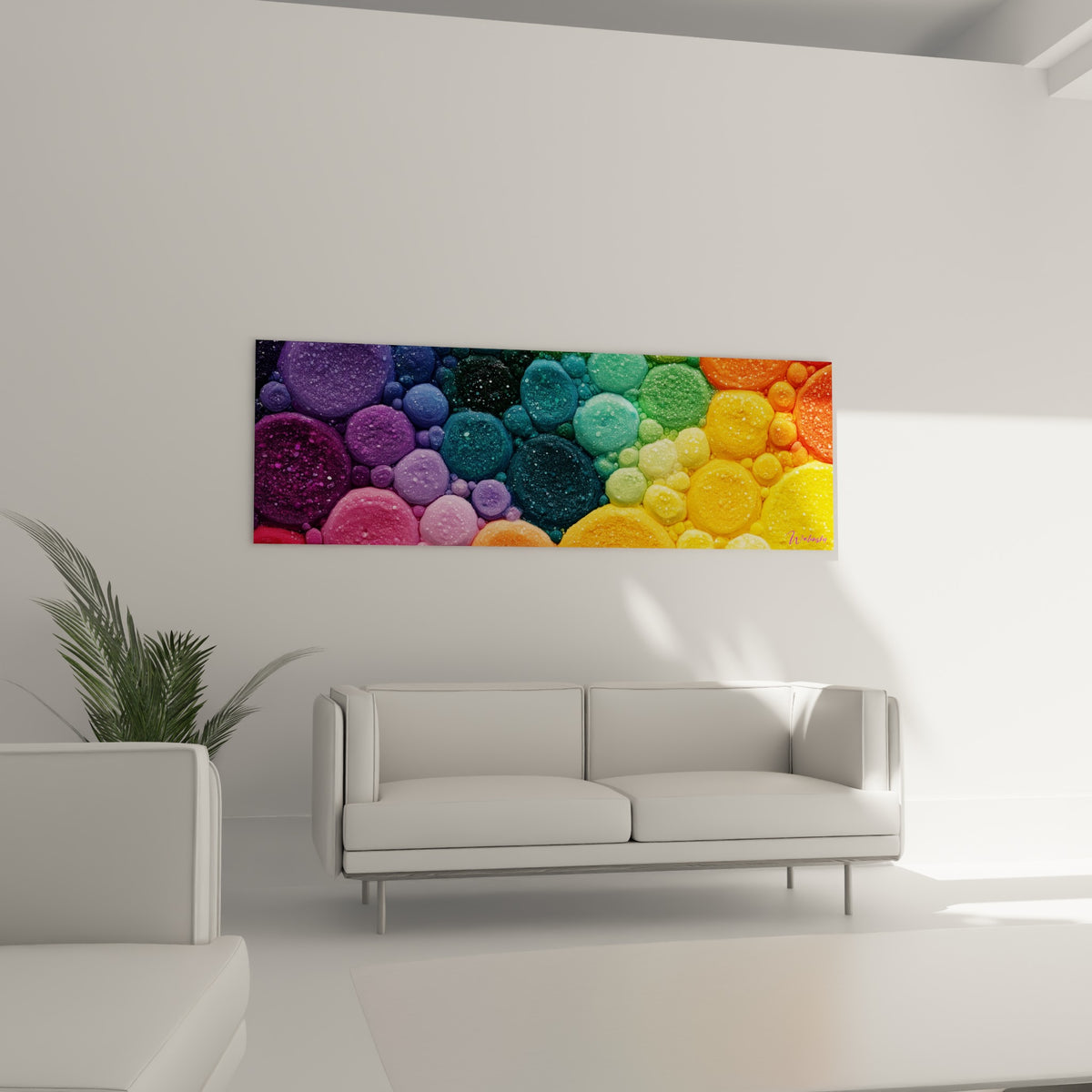 Cercles texturés magenta, vert sauge et terracotta en dégradé, au-dessus d'un canapé dans un salon lumineux