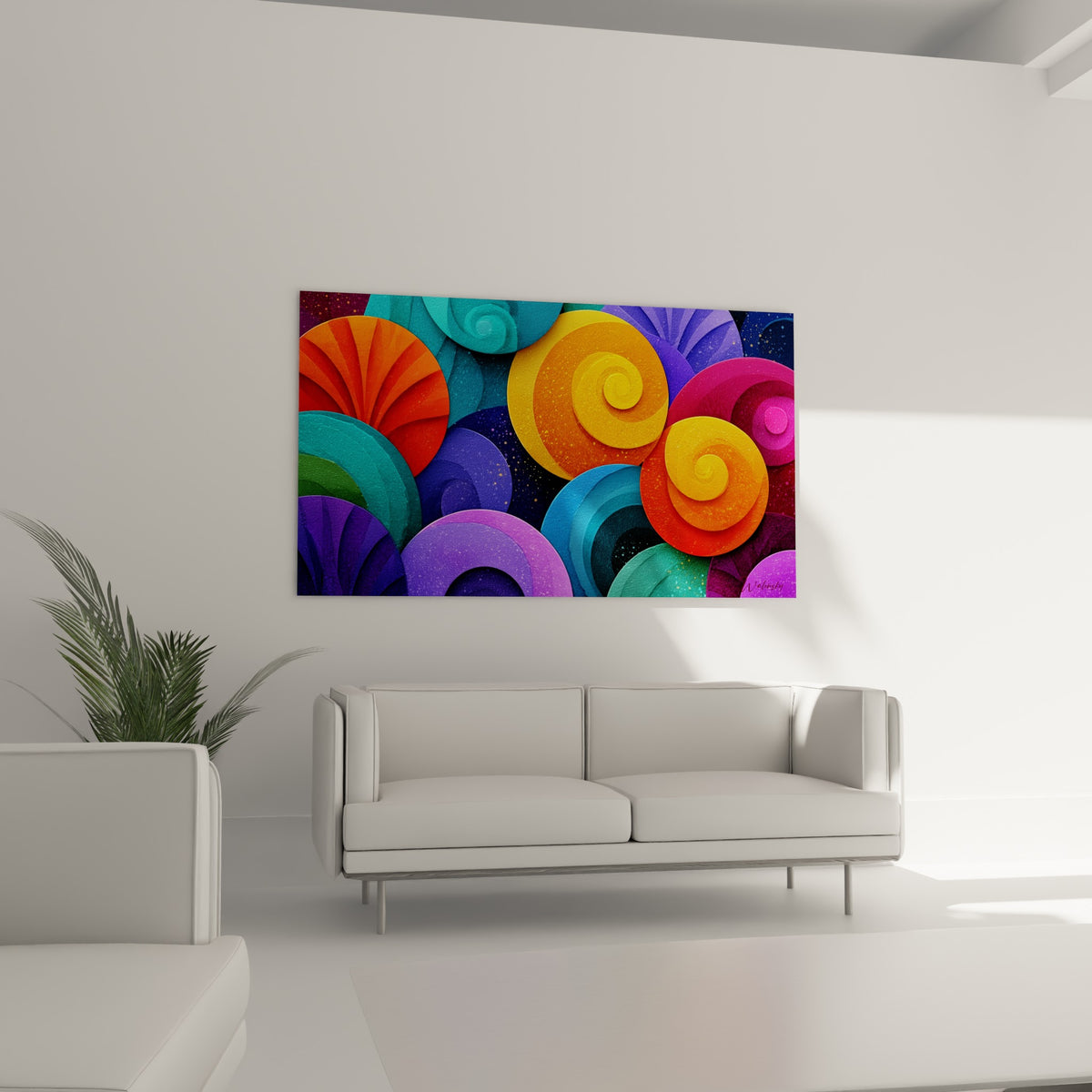 Cercles violets et jaune safran de ce tableau multicolore abstrait suspendus au-dessus d'un canapé dans un salon lumineux