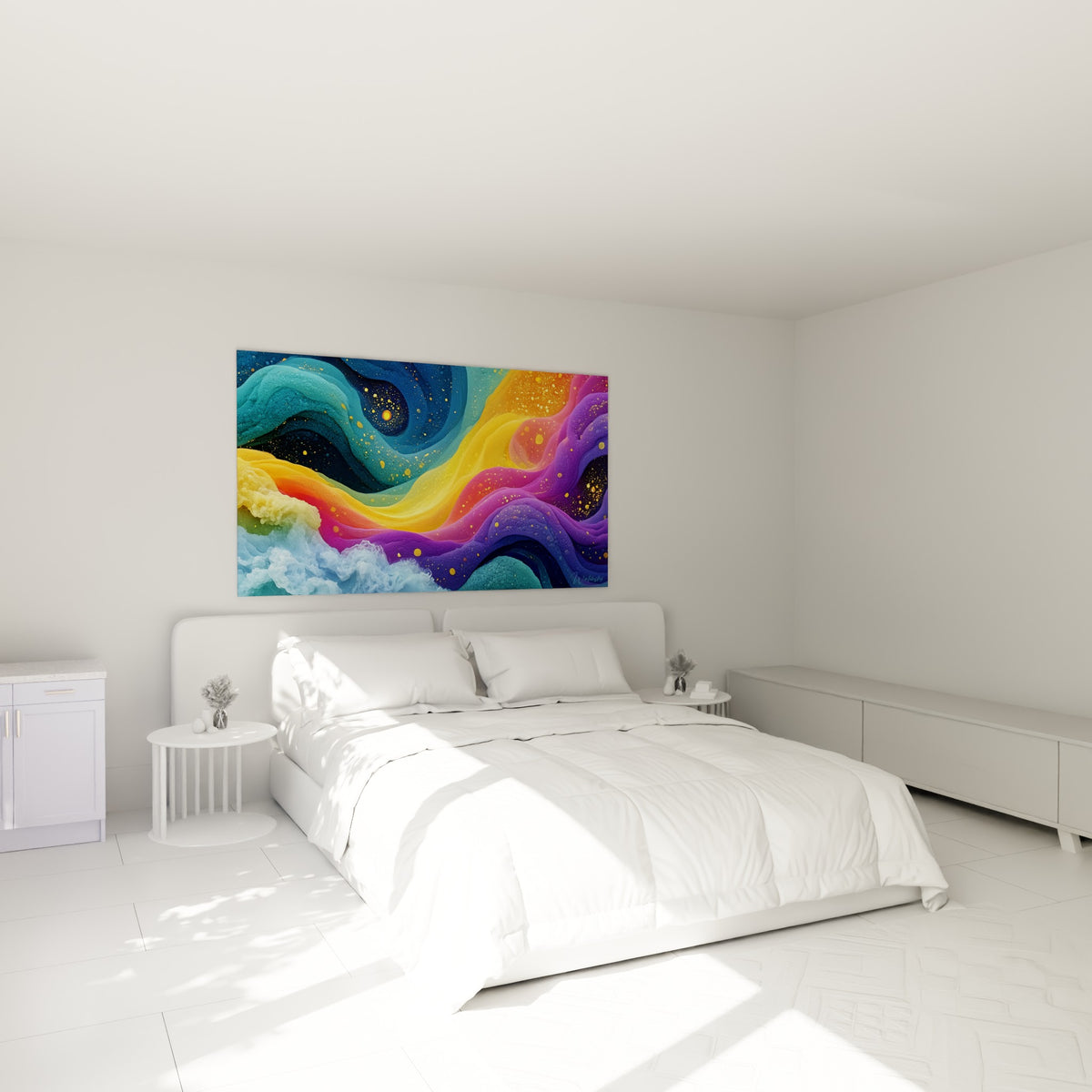 Ondulations bleu turquoise et violet doré au-dessus d'un lit dans une chambre claire