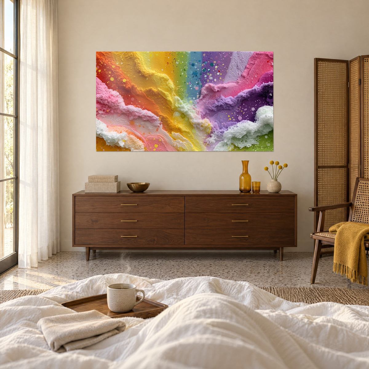 Quadro paesaggio cremoso multicolore in rosa bubblegum, arancio e malva, con rilievi granulosi, sopra un letto in una camera luminosa