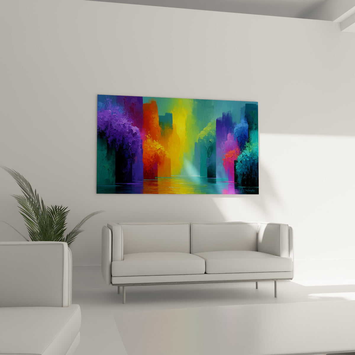 Colonnes turquoise et jaune doré d'un tableau multicolore abstrait au-dessus d'un canapé dans un salon lumineux