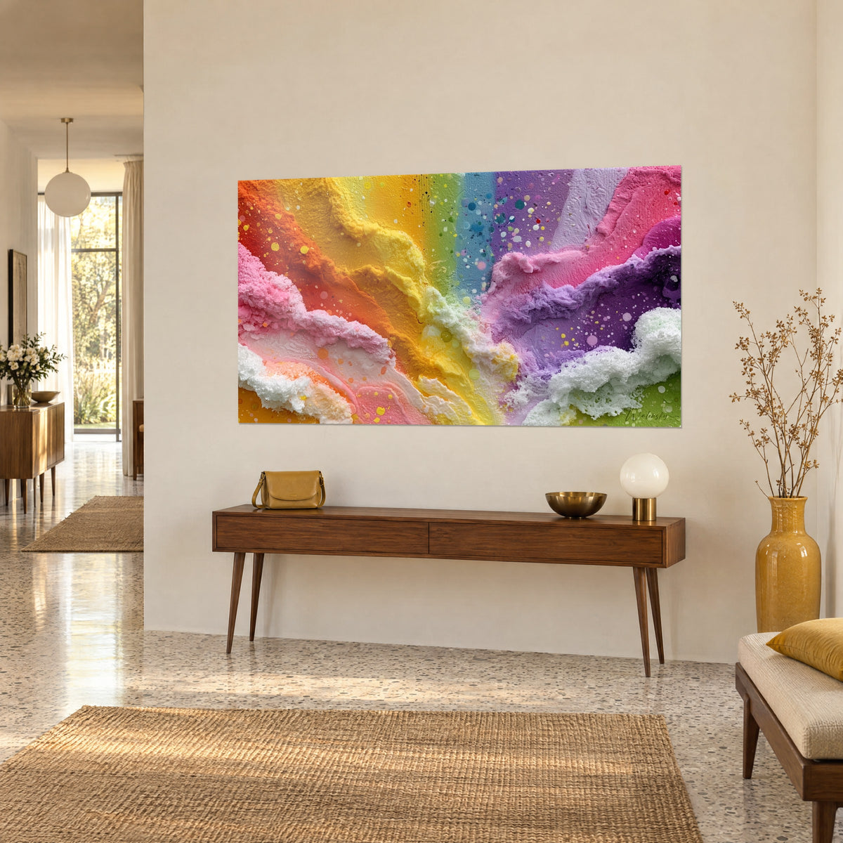 Quadro astratto arcobaleno cremoso in rosa cipria, giallo sole e verde tenue, posato su una consolle in legno in vista di tre quarti