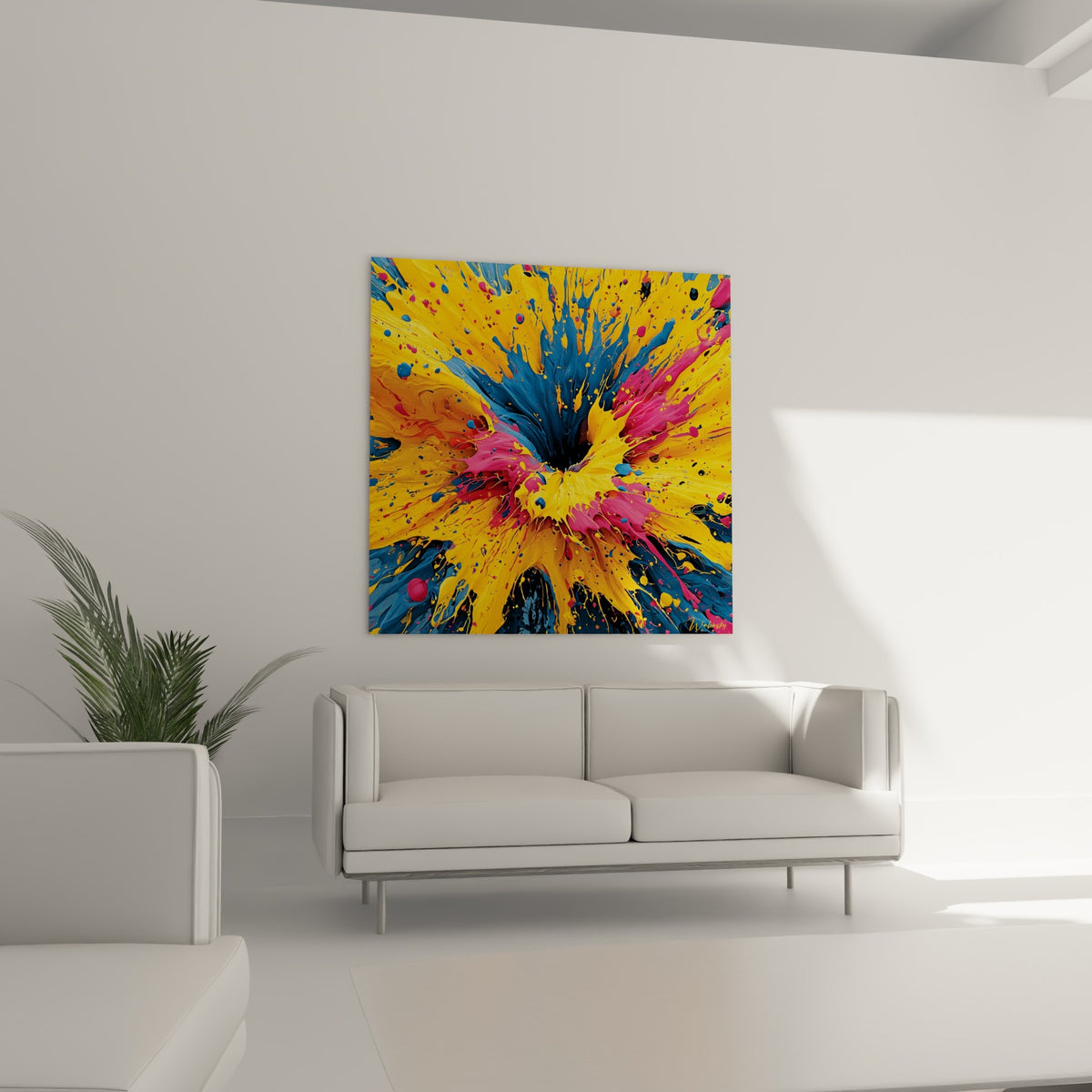 Éclaboussures fuchsia et jaune vif au-dessus d'un canapé dans un salon lumineux