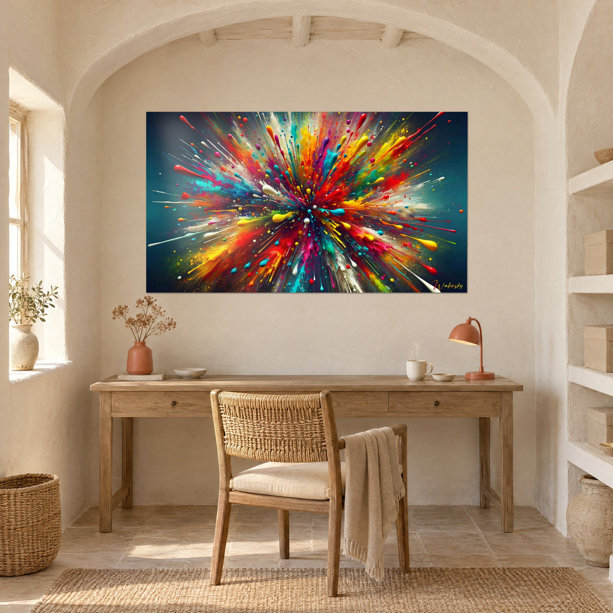 Tableau peinture jaillissante aux traînées blanches, oranges et cyan, mur ocre en arche, bureau en bois clair et lampe corail