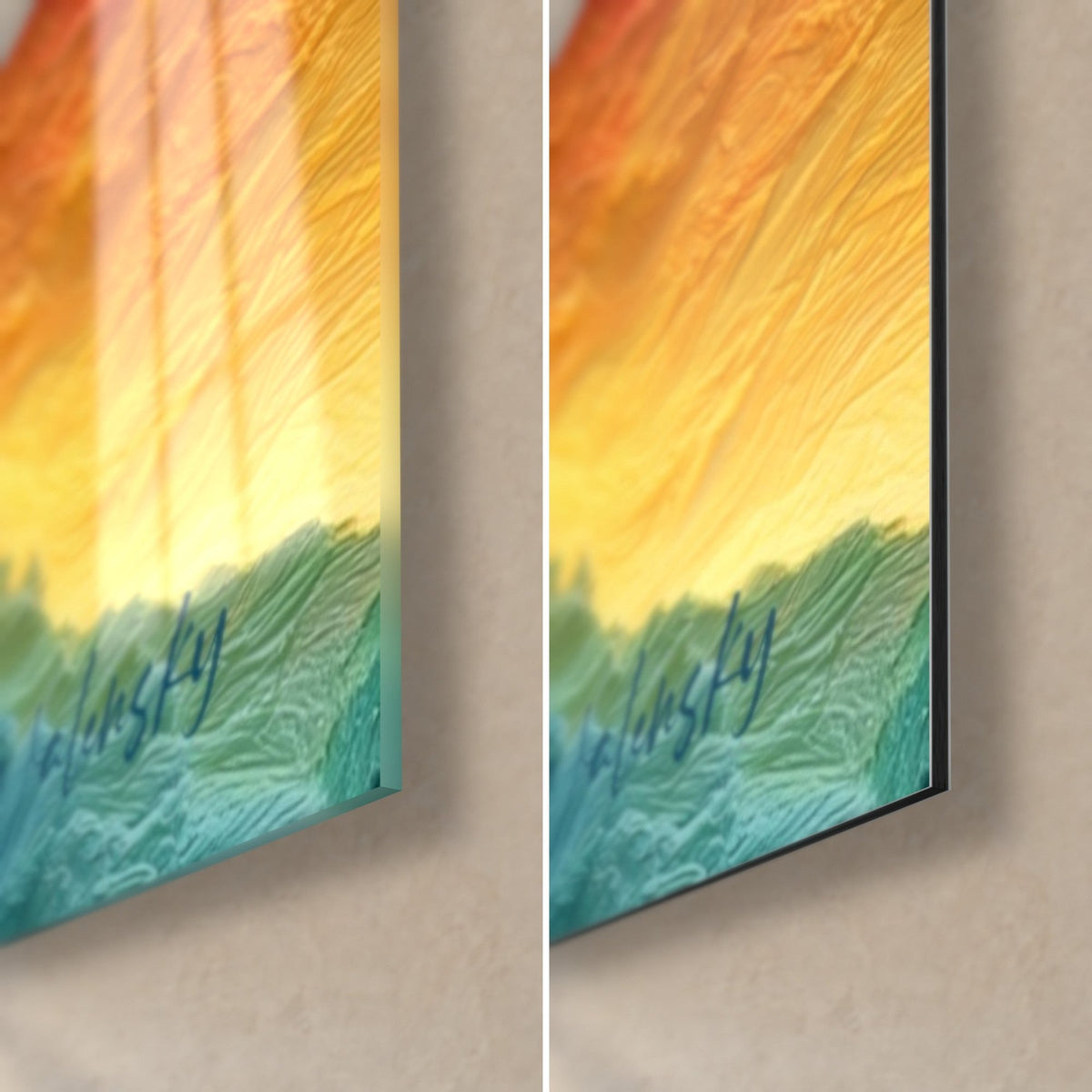 Tableau vagues pourpres et vertes, coin bas droit : verre acrylique brillant et alu Dibond mat, tranche de 3 mm visible