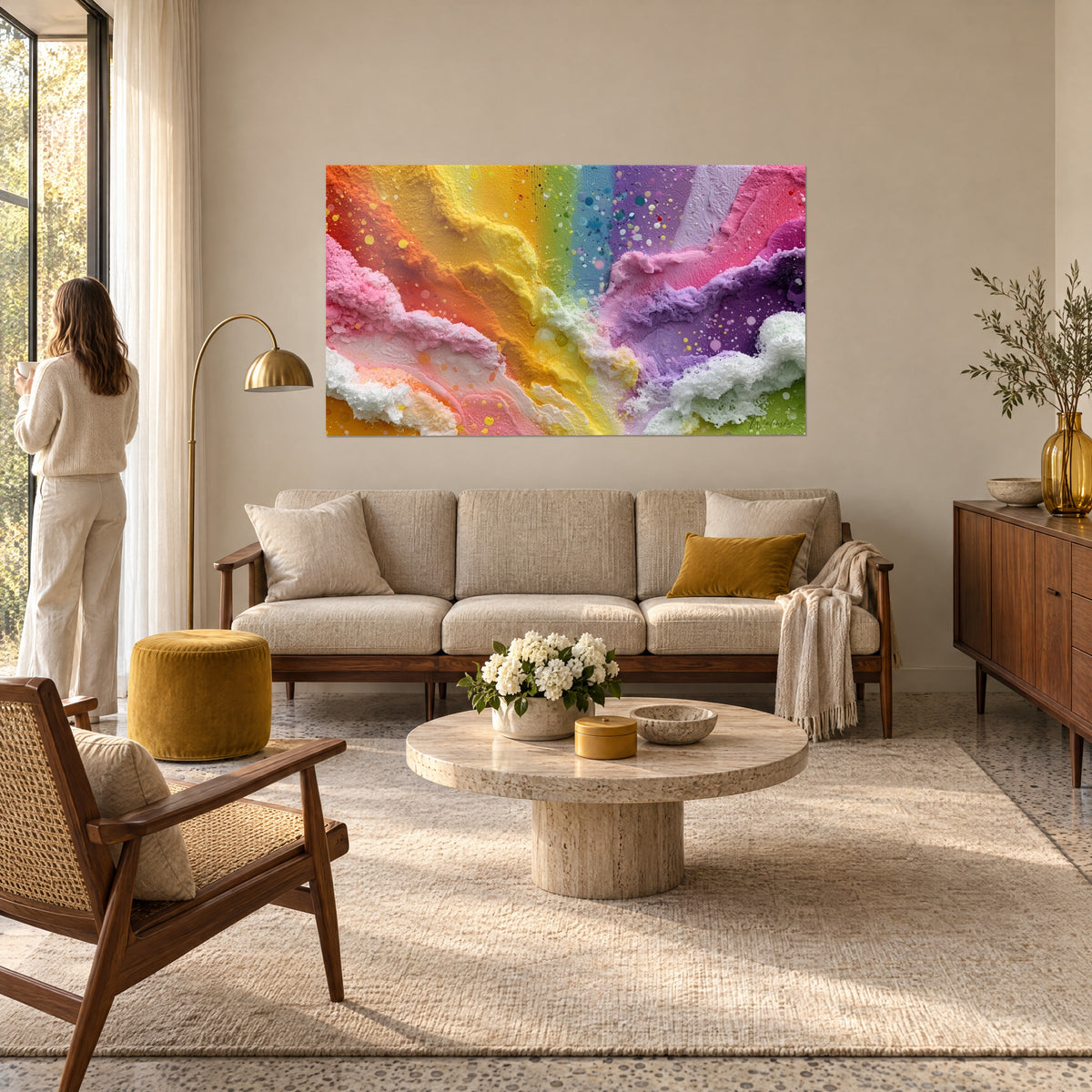 Quadro onda dolce con impasti in rilievo rosa e gialli, arcobaleno viola e arancio, sopra un divano in un soggiorno luminoso