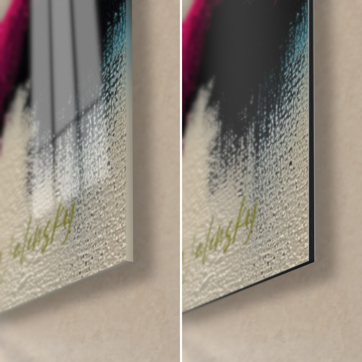 Schilderij impasto van levendig roze en zwart, rechtsonder: glanzend acrylglas, mat Dibond-aluminium, dunne rand