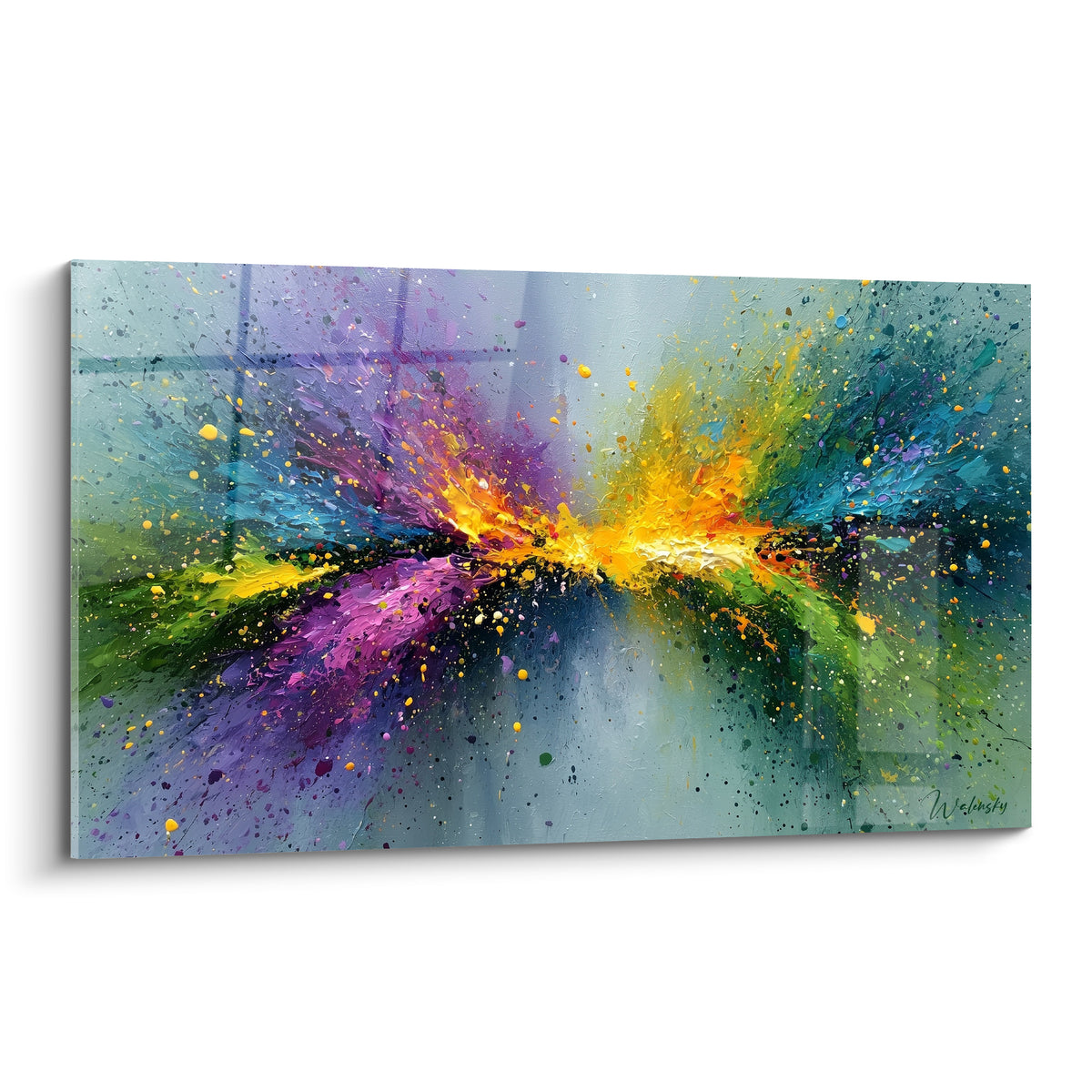 Explosion multicolore abstraite en violet, doré et vert olive sur fond gris texturé