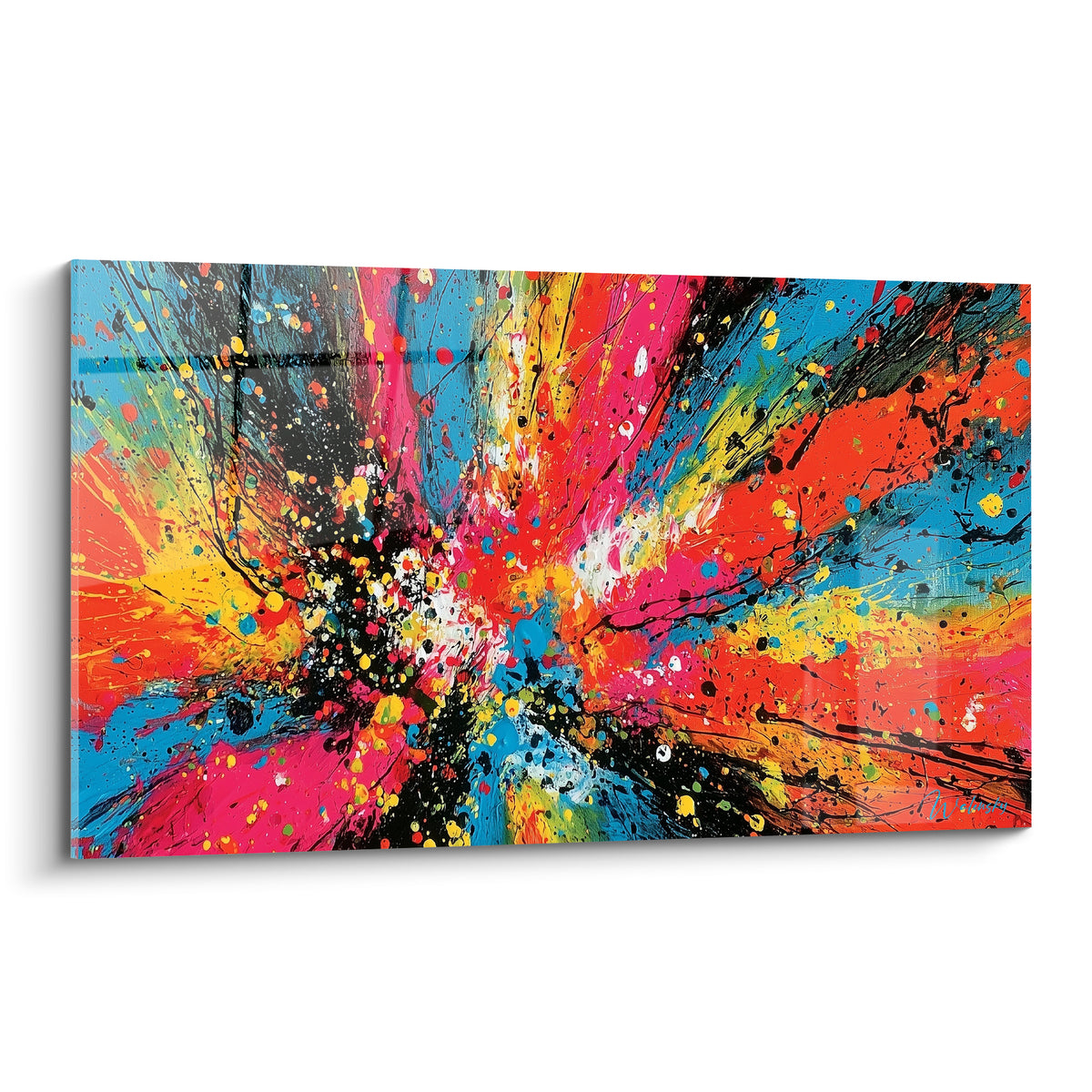 Explosion multicolore abstraite en rose fuchsia, orange brûlé et bleu turquoise sur toile