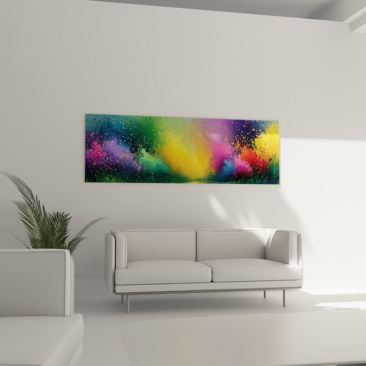 Nuage de couleurs vives du Multicolore abstrait, disposé au-dessus d'un canapé dans un salon lumineux