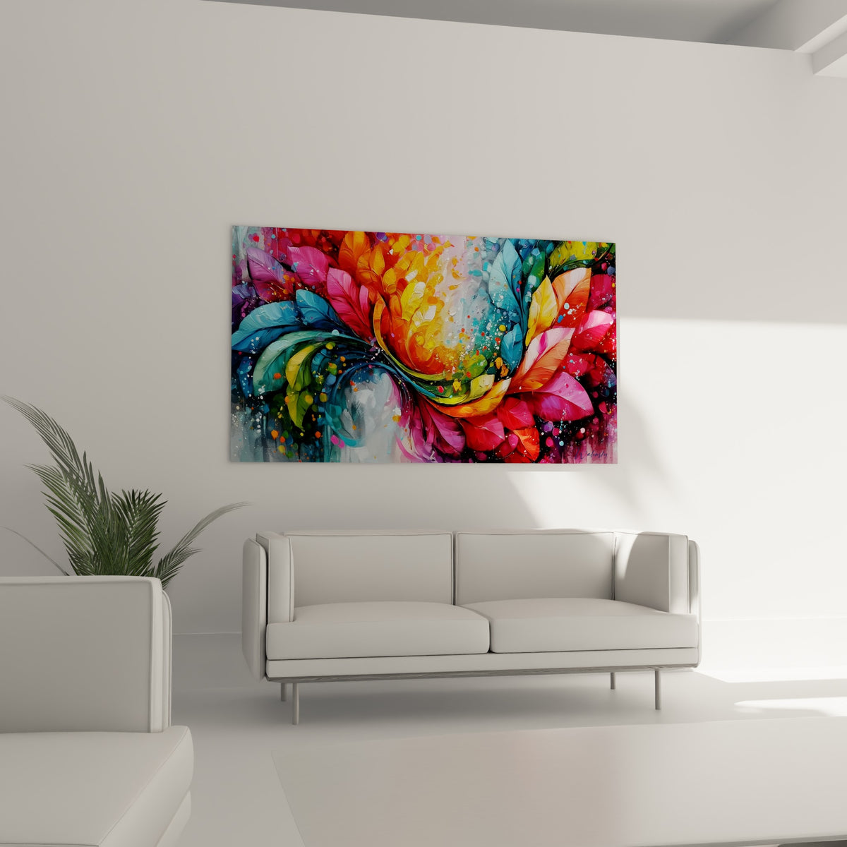 Explosion de rose fuchsia et jaune doré de cette fleur multicolore abstraite au-dessus d'un canapé dans un salon lumineux