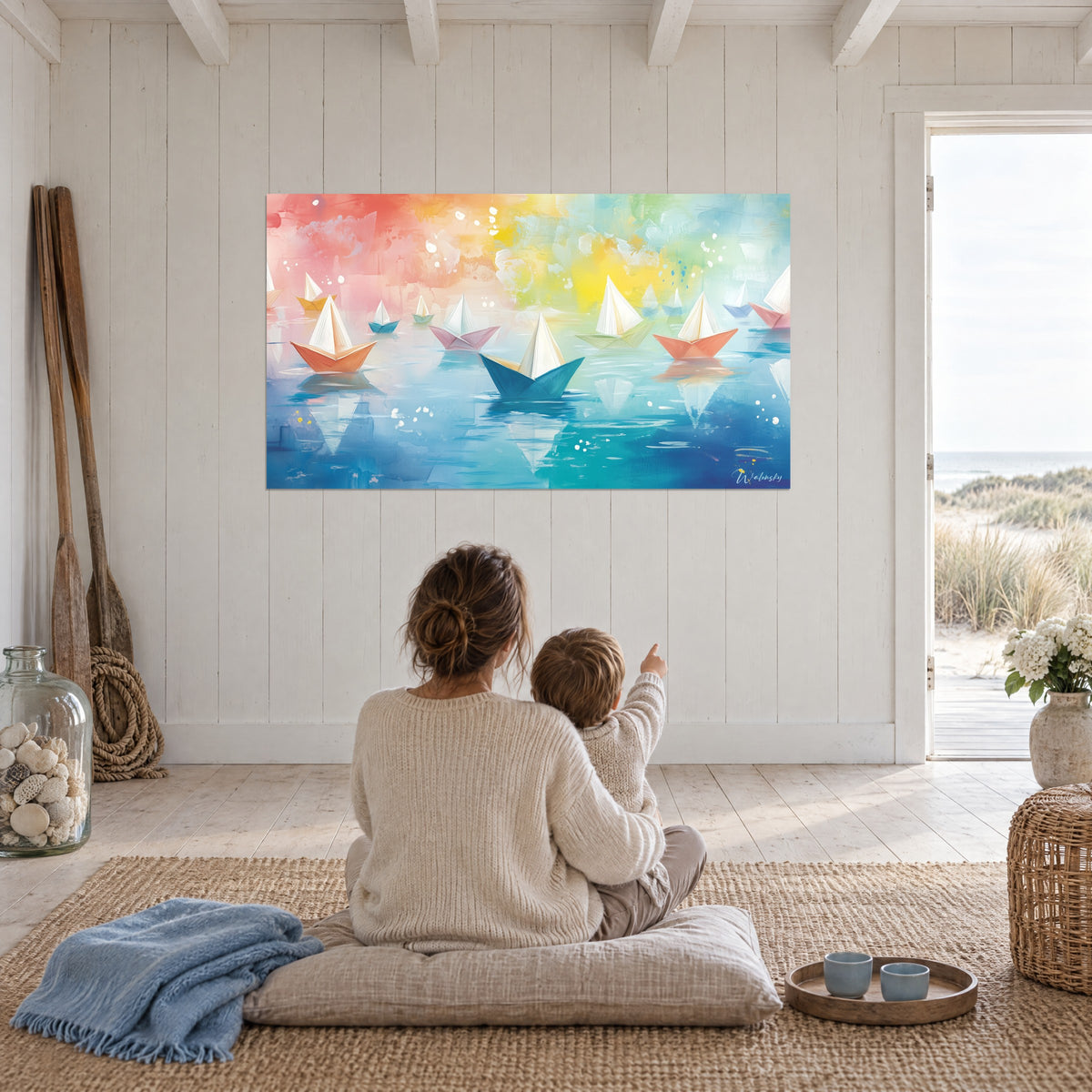 Tableau navires de papier aux voiles ivoire, dégradé corail vers turquoise, devant une mère et son enfant au sol
