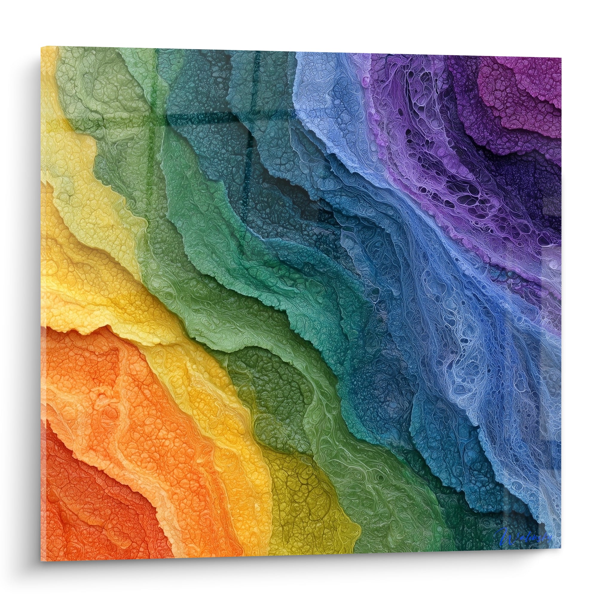 Coulée abstraite orange, violet et bleu pétrole aux textures alvéolées organiques
