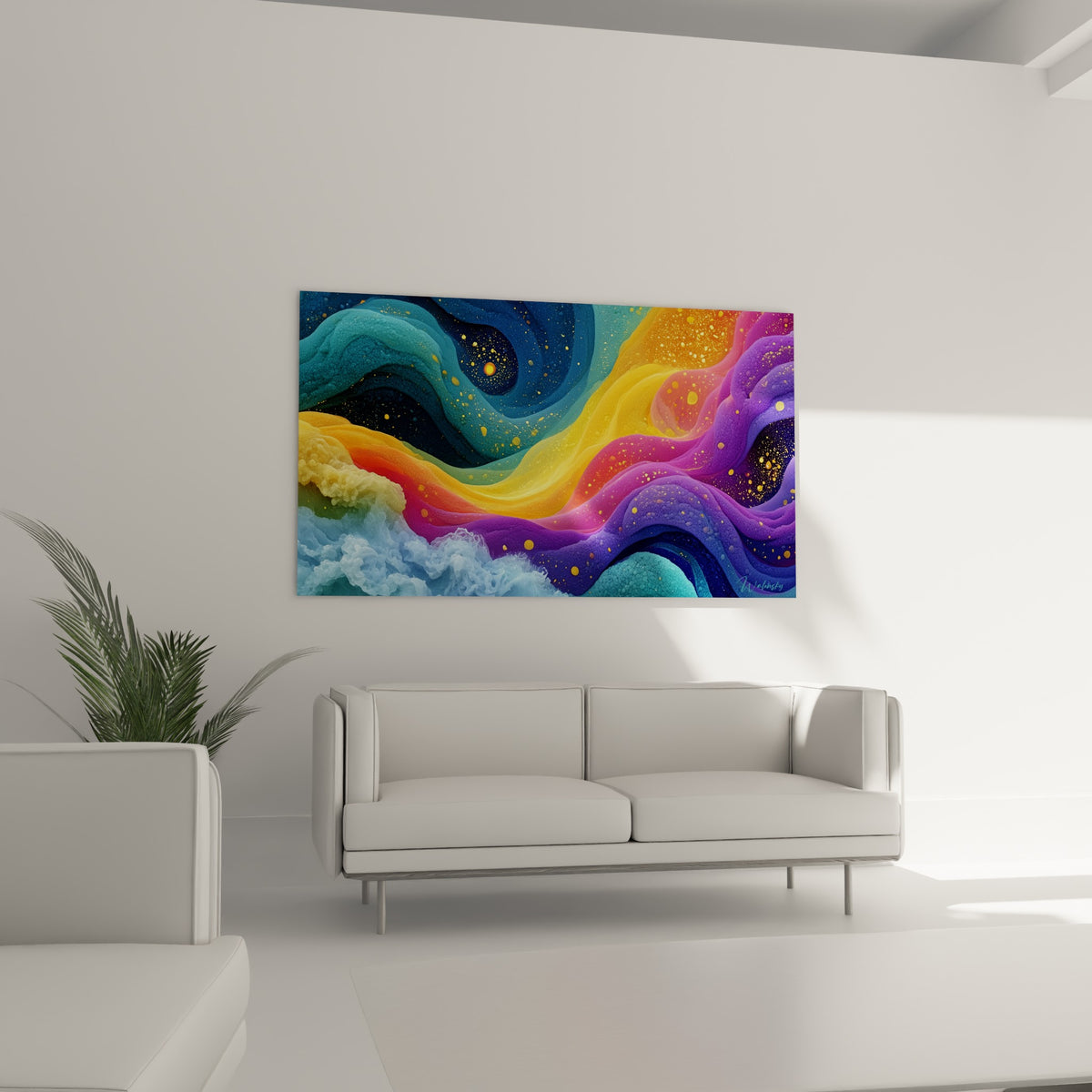 Marée colorée orange et violette au-dessus d'un canapé dans un salon lumineux