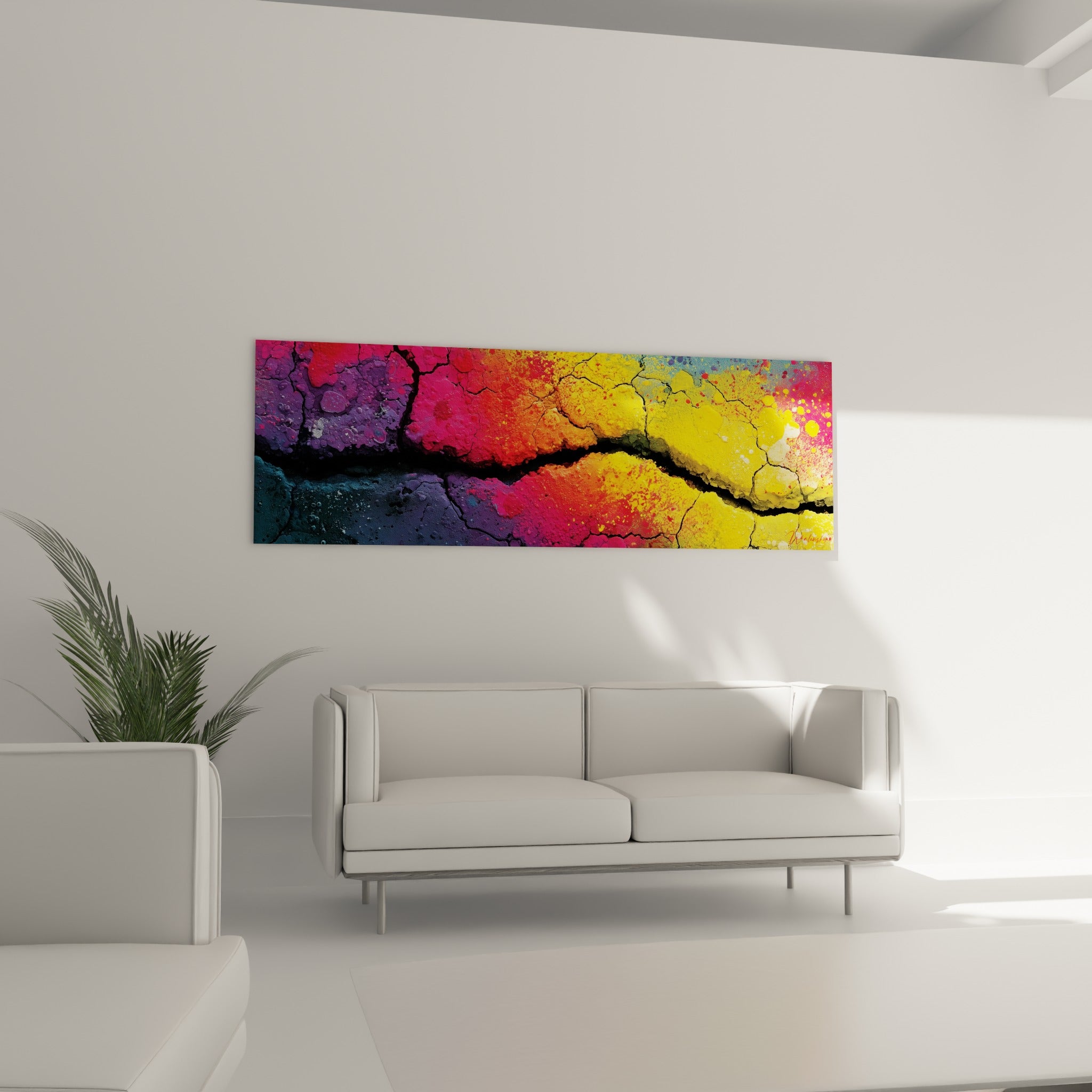 Craquelure orange et bleu pétrole du Multicolore abstrait au-dessus d'un canapé dans un salon lumineux