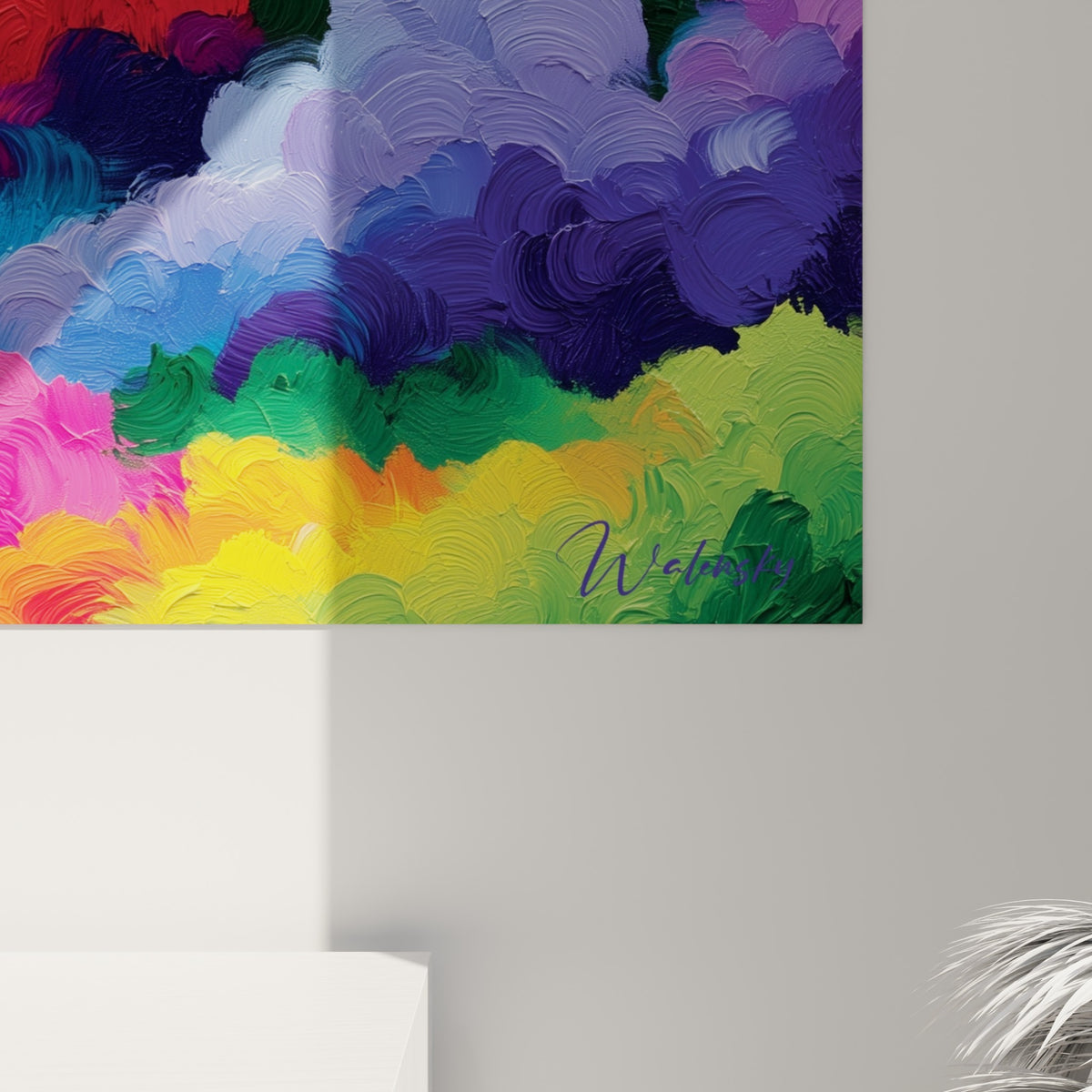 Empâtements épais de jaune, rose et violet révélant la texture au couteau de la peinture