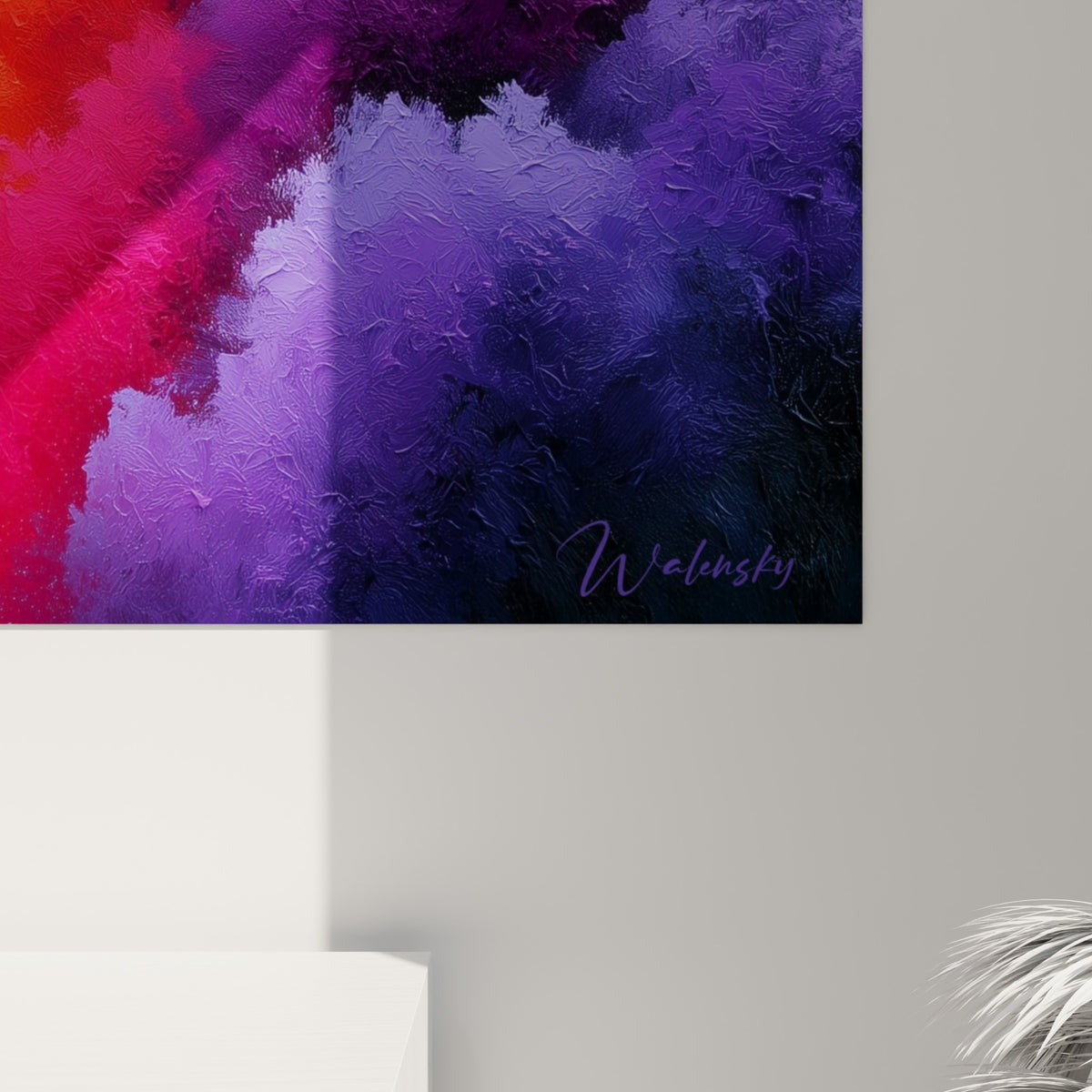 Empâtements épais de peinture révélant les nuances de doré, rouge et violet mêlées sur la toile