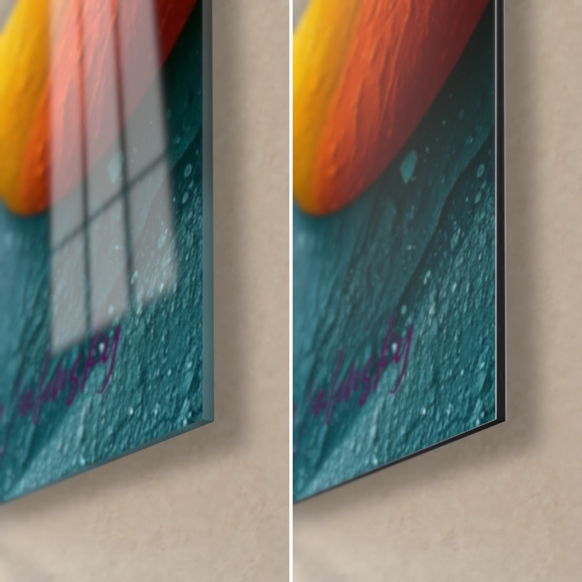 Tableau sphère orange rugueuse, coin bas droit, verre acrylique brillant aux reflets et Dibond mat turquoise, tranche de 3 mm