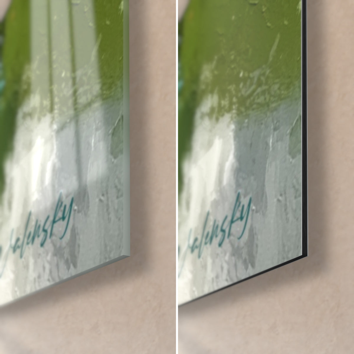 Gemälde mit Tupfern in Senfgelb und Petrolblau, untere rechte Ecke: glänzendes Acrylglas links, matres Alu-Dibond rechts, 3 mm Kante