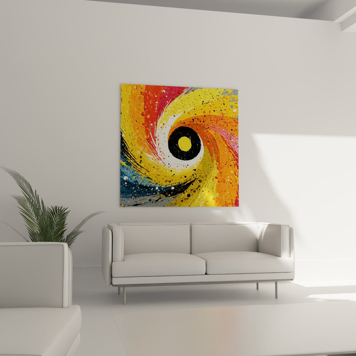 Vortex coloré orange et bleu marine à empâtements épais, au-dessus d'un canapé dans un salon lumineux