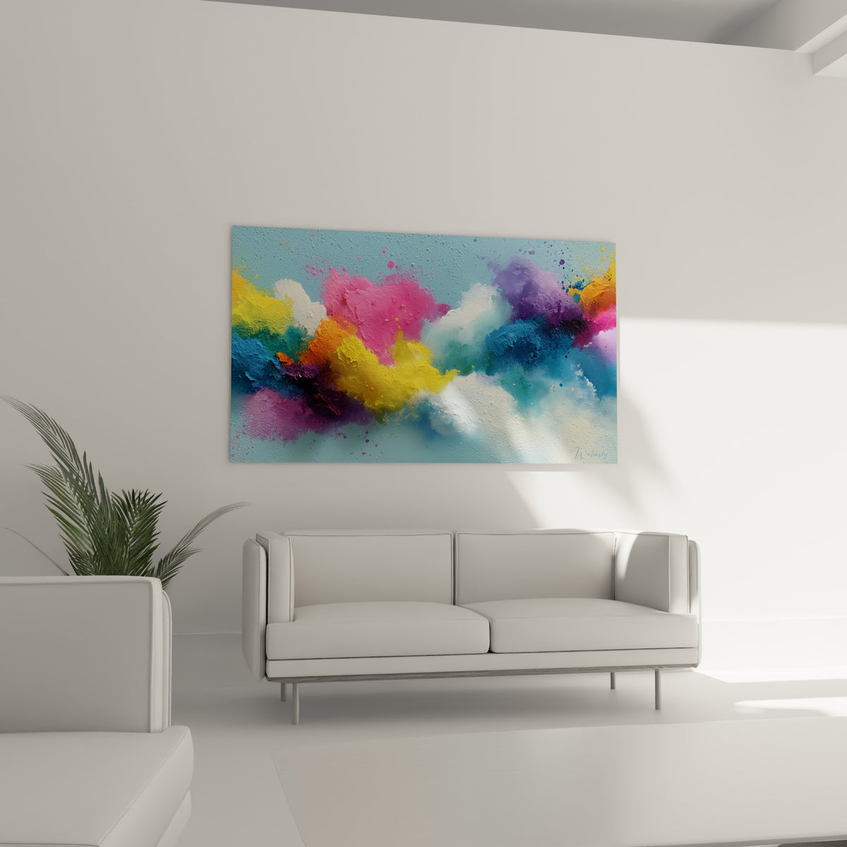 Volutes multicolores jaune doré et bleu marine au-dessus d'un canapé dans un salon lumineux