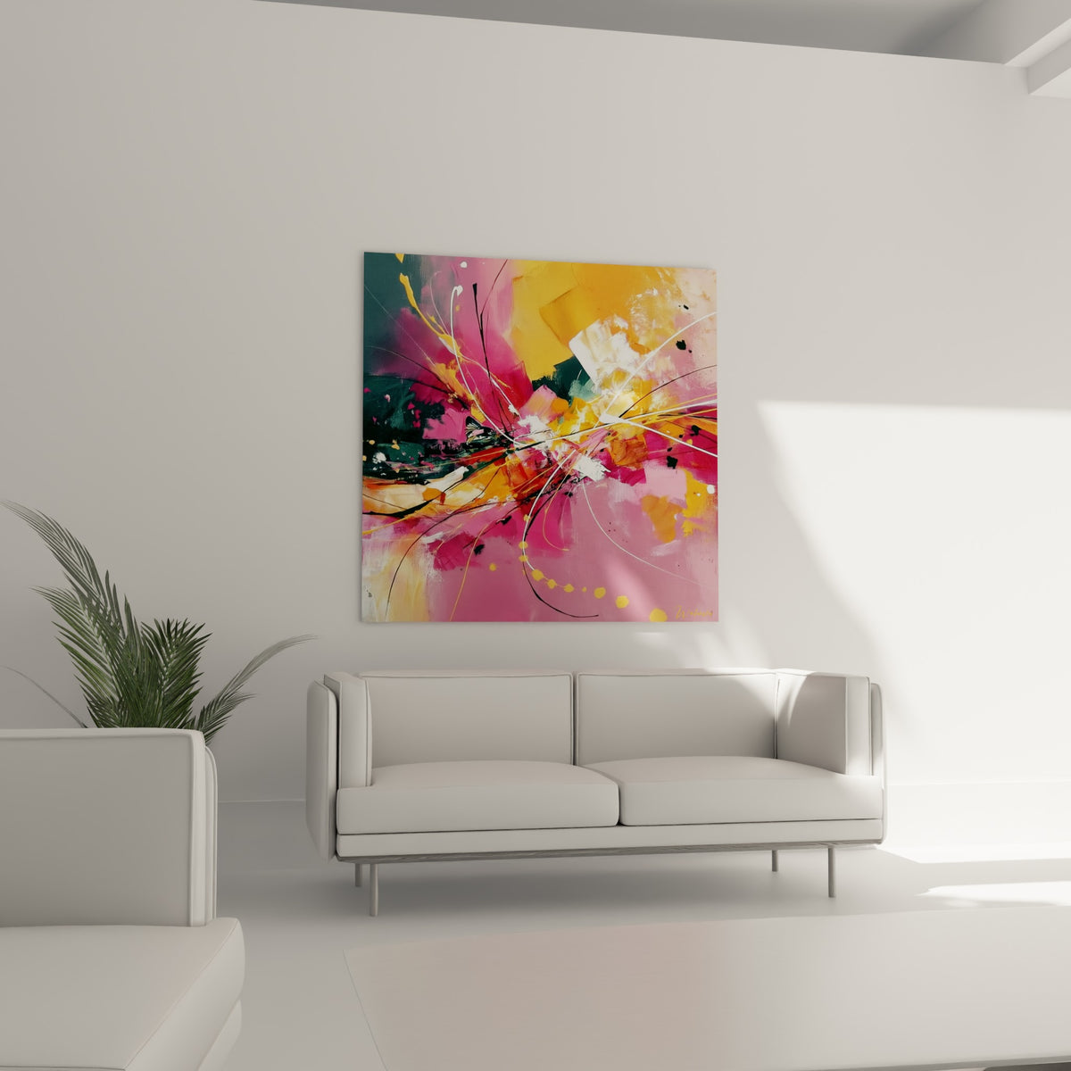 Explosion picturale fuchsia et or traversée de coulures blanches, au-dessus d'un canapé dans un salon lumineux