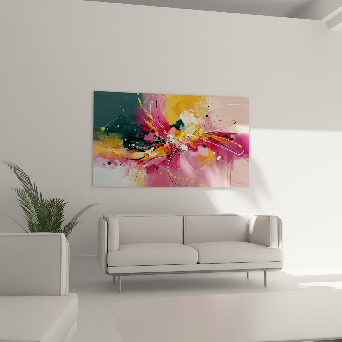 Filaments blancs et touches anthracite d'une œuvre abstraite, positionnée au-dessus d'un canapé dans un salon lumineux