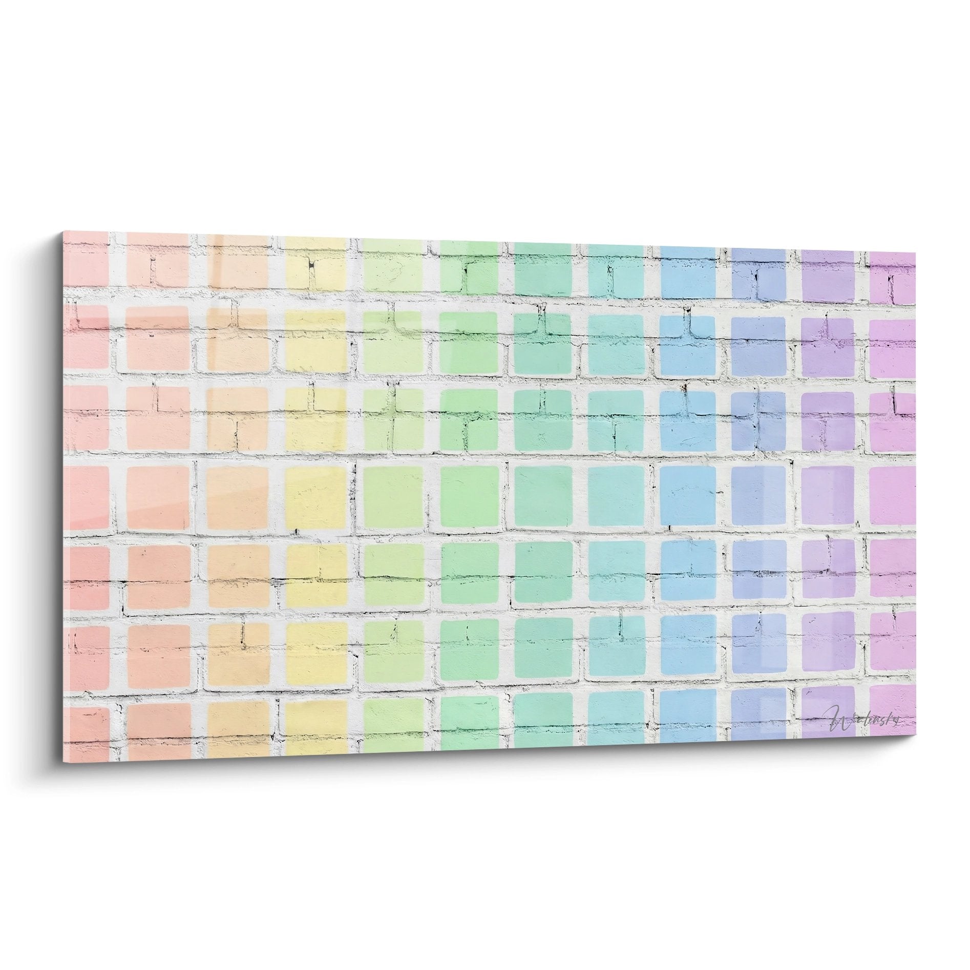 Wandbild bunte Backsteinmauer im Farbverlauf Pastellregenbogen von Rosa bis Violett modernes geometrisches Street Art