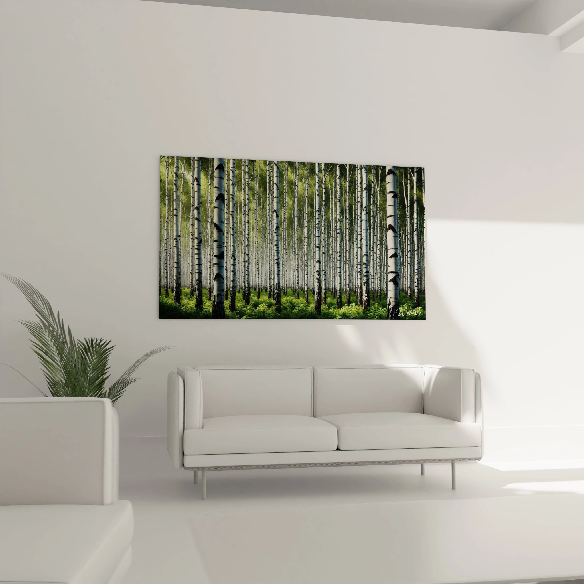 Tableau foret au dessus du canapé Illuminez votre salon avec ce tableau foret Son realisme capte l attention et invite a la serenite Une melodie visuelle en noir et blanc avec touches de vert