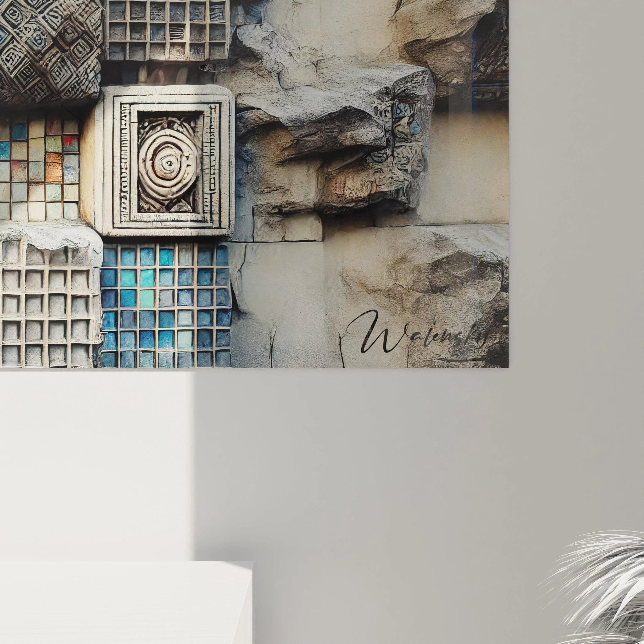 Une vue rapprochee du tableau Mosaique revele ses textures brutes et couleurs vibrantes, reflet d'une harmonie inspiree des mosaiques anciennes.