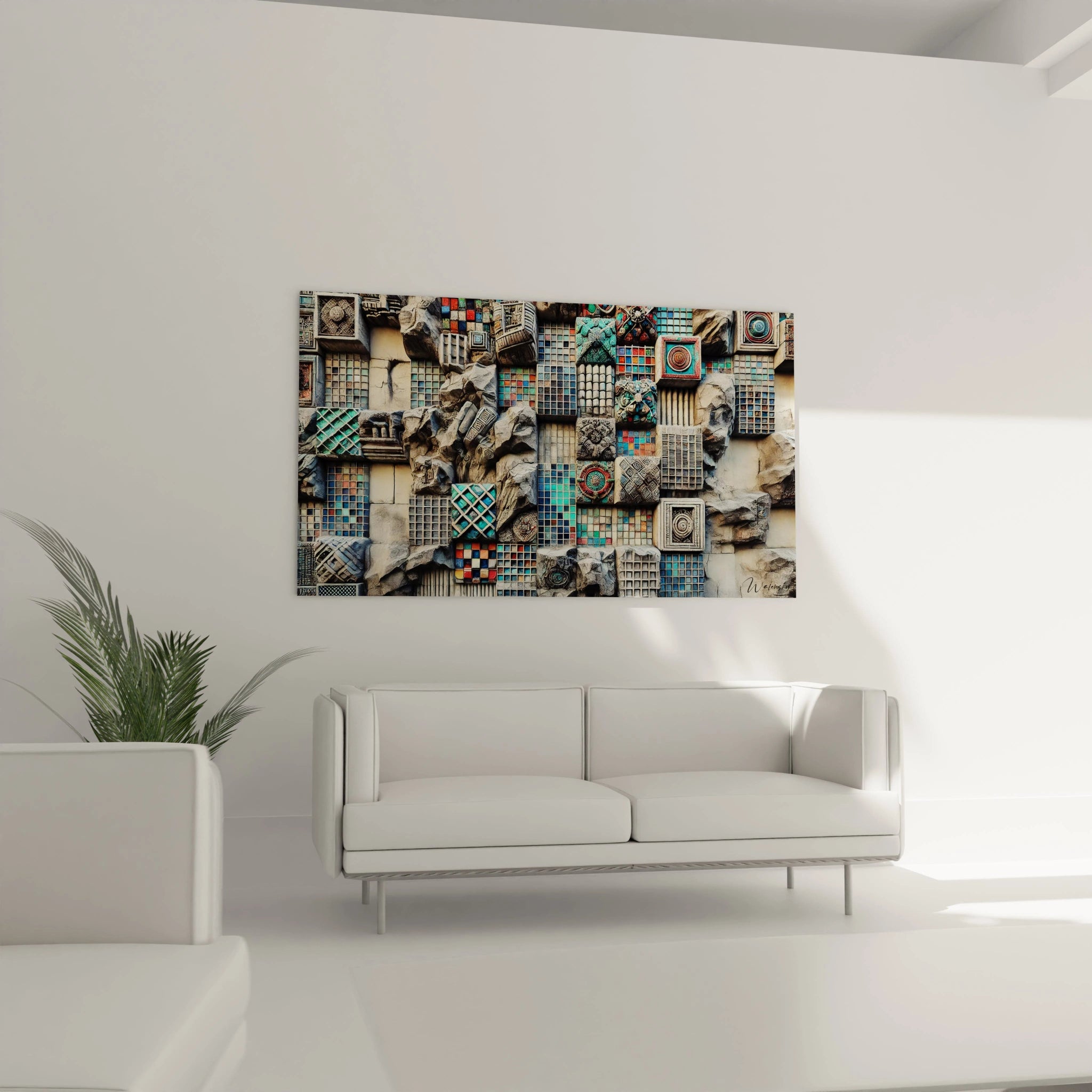 Dans ce salon, le tableau Mosaique capte les regards avec ses motifs geometriques et teintes apaisantes, parfait pour sublimer le decor.