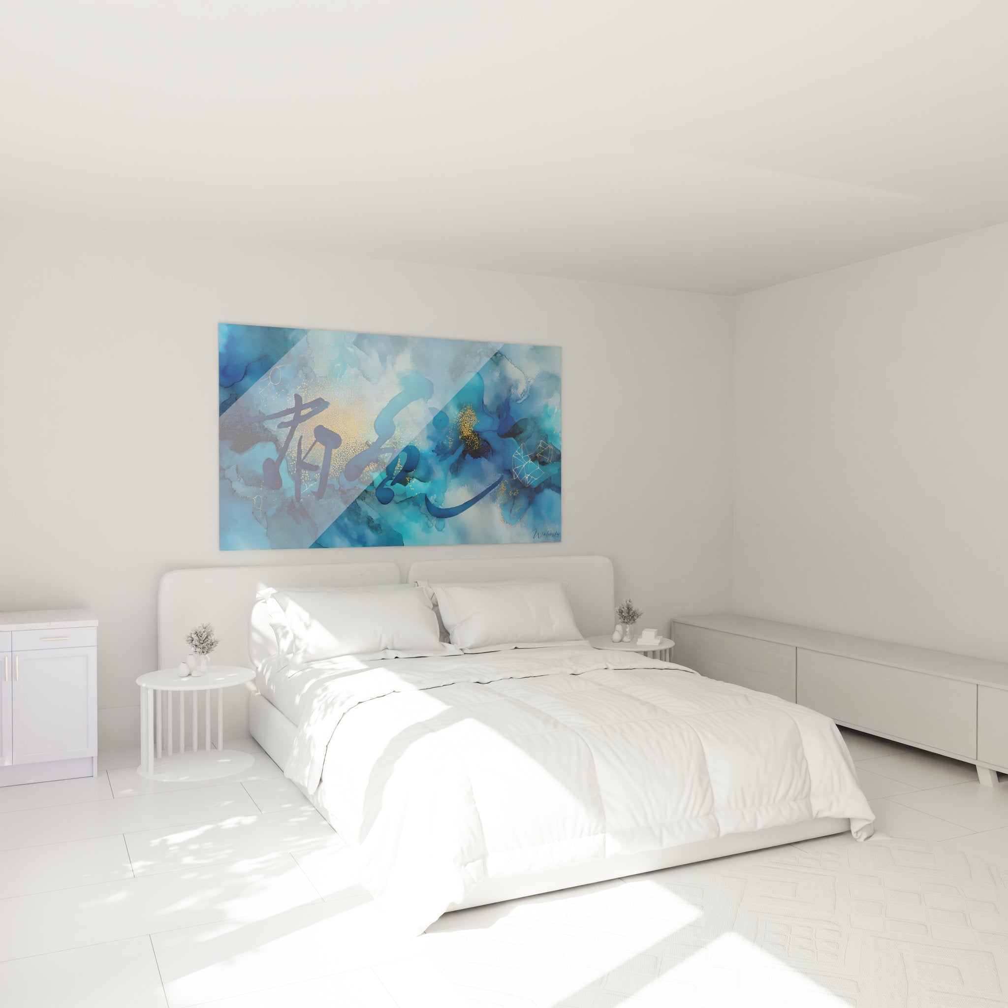 Tableau mural abstrait bleu dans ambiance chambre contemporaine avec décoration moderne