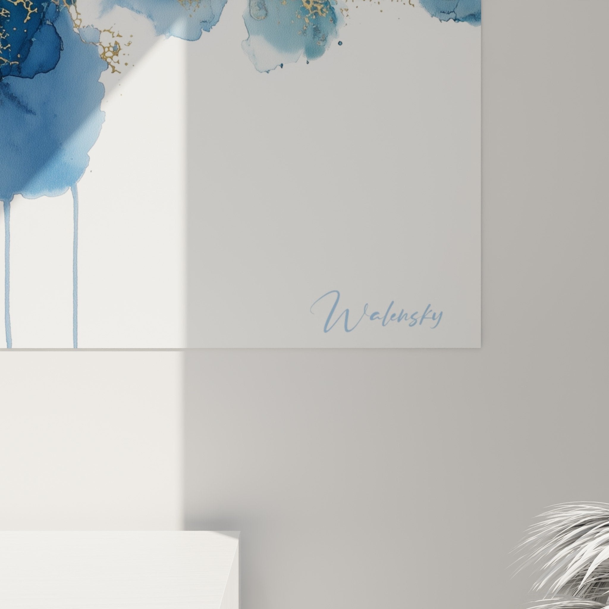 tableau mural abstrait bleu or salon moderne decoration coraux dores style contemporain elegant