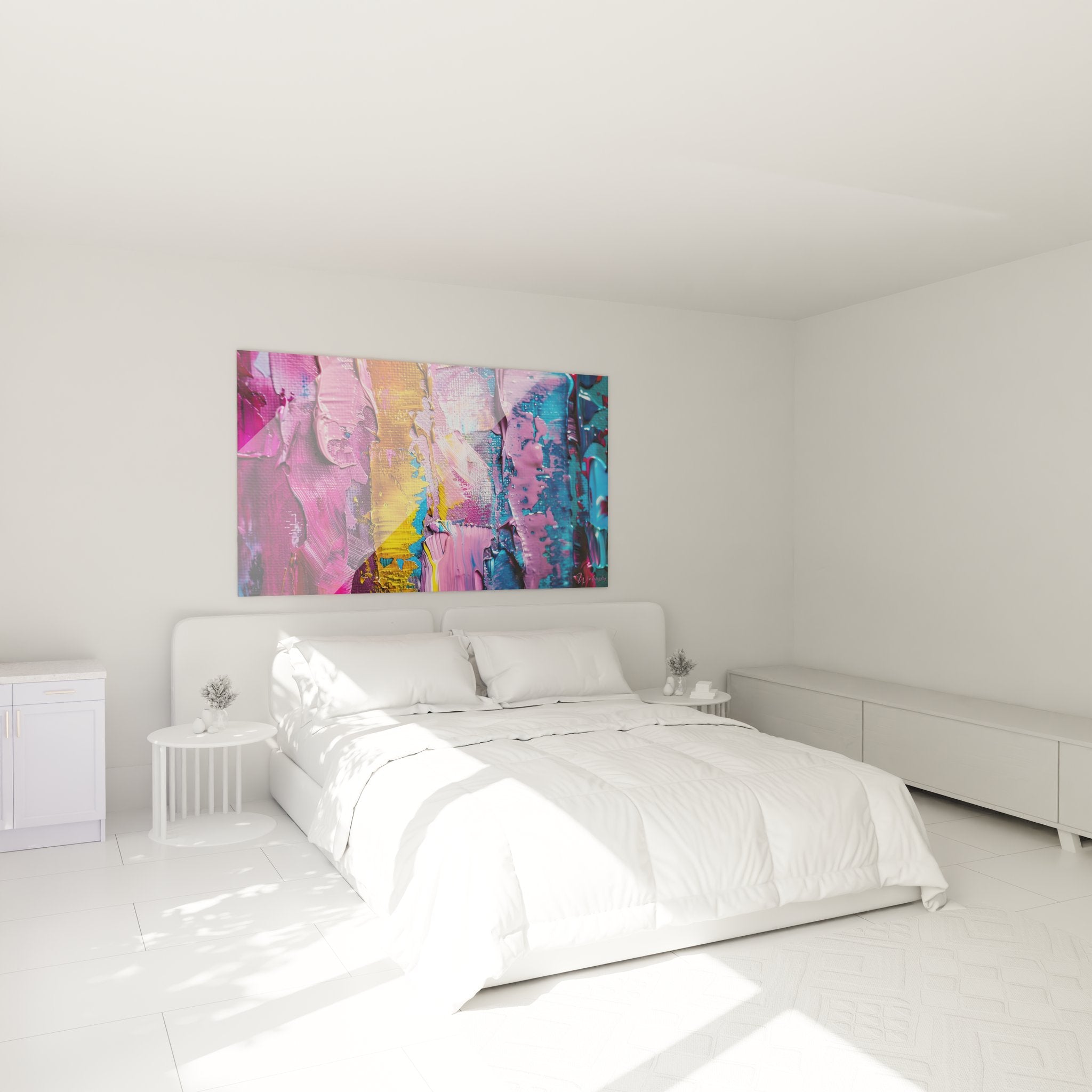 Tableau mural couleurs vives abstraites dans chambre moderne décoration intérieure contemporaine