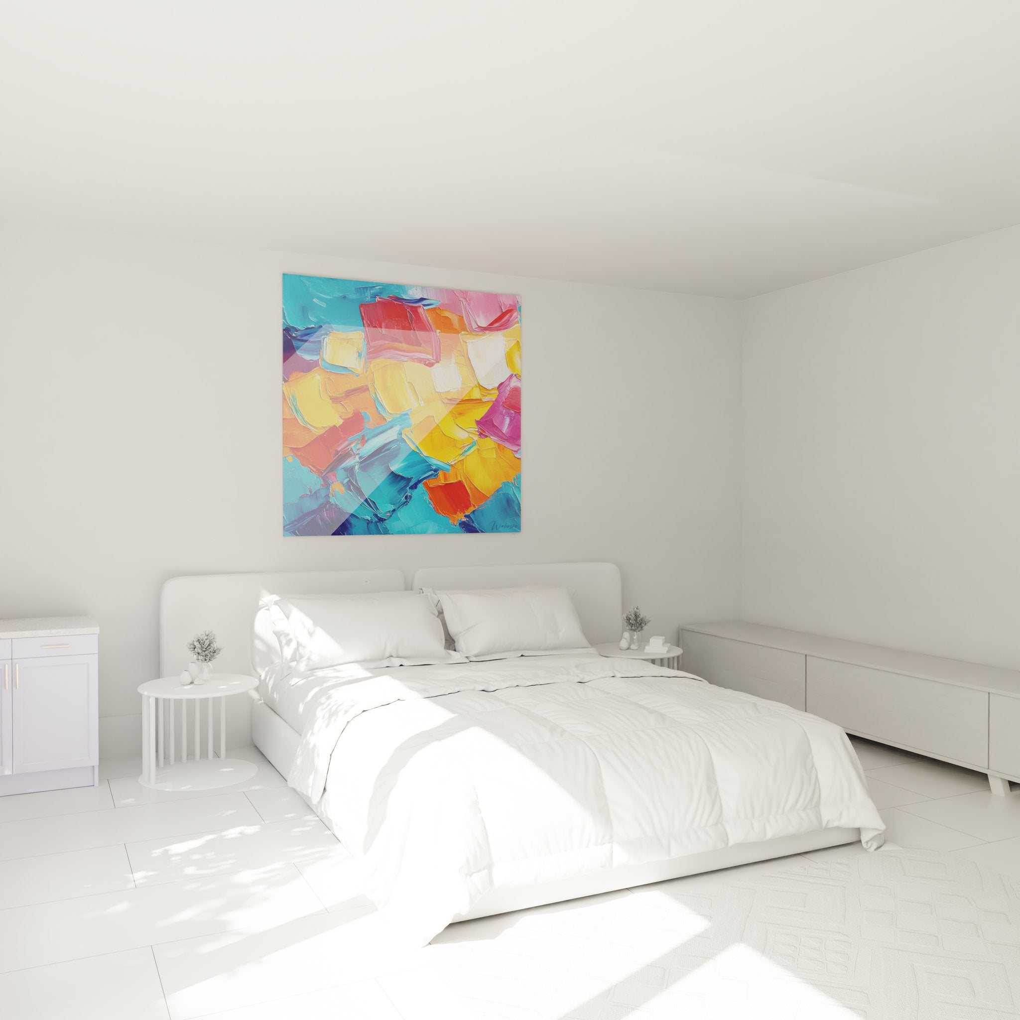 Tableau mural abstrait coloré dans chambre moderne - décoration contemporaine avec couleurs vibrantes