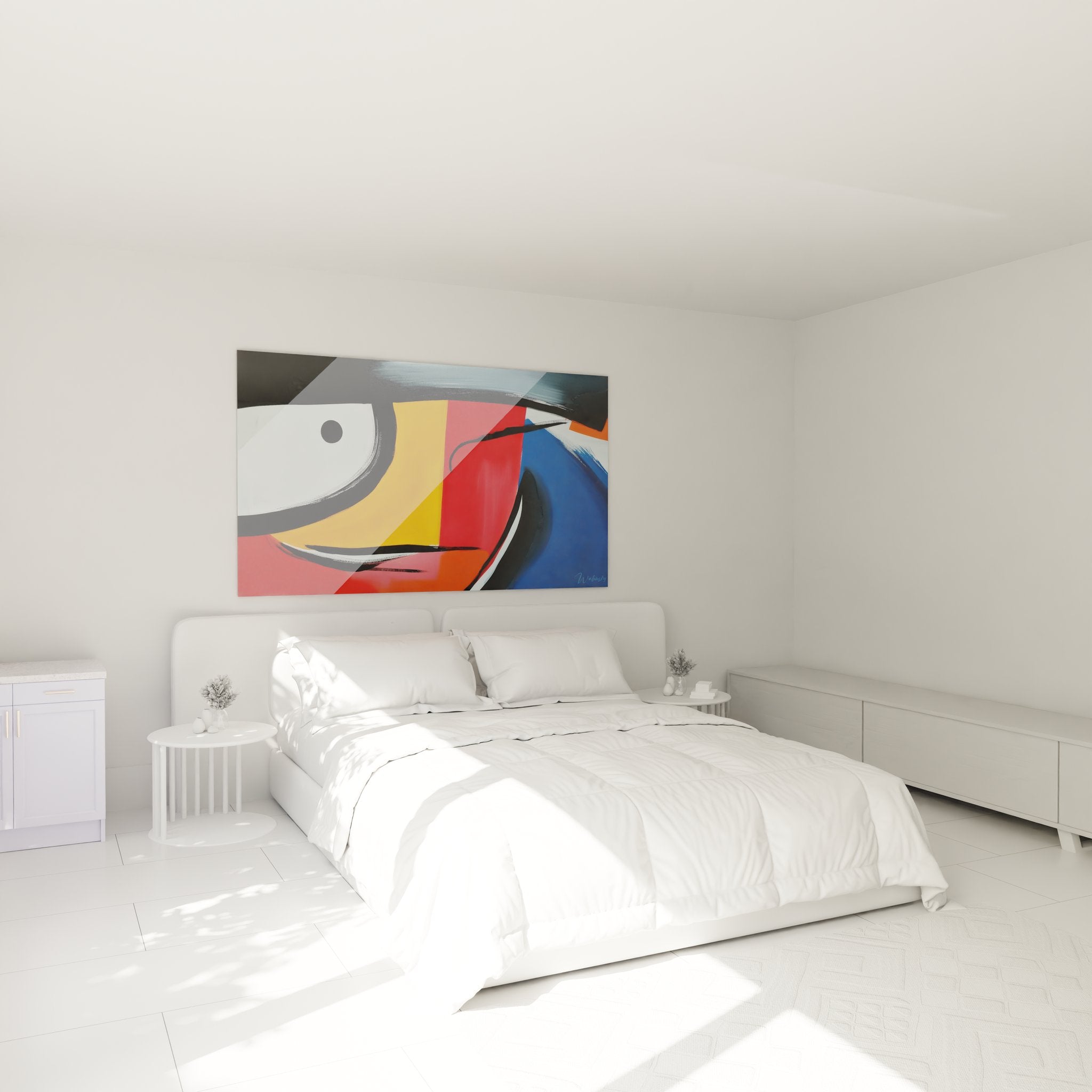 Tableau mural abstrait géométrique coloré décorant une chambre moderne avec lit et mobilier contemporain